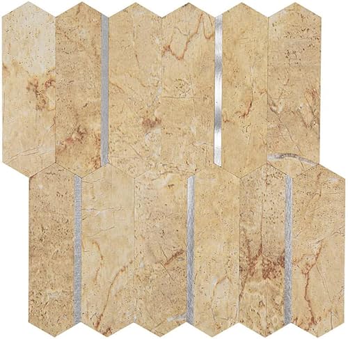 Miniatura 1 de Soulscrafts Azulejo autoadhesivo de 5 hojas de PVC beige con diseño de mármol hexagonal de metal dorado para salpicaduras de cocina