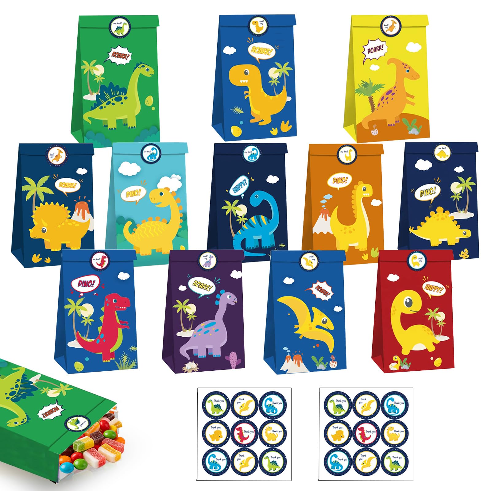 12Pcs Dinosaur Party Bags Paper Gift Bag for Kids Party,Kraft Sweet Goodie Treats Candy Bag with 18 Stickers,Small Dino Gift Bags for Kids Boys Girls Birthday Baby Shower Dinosaur Theme Party Favour