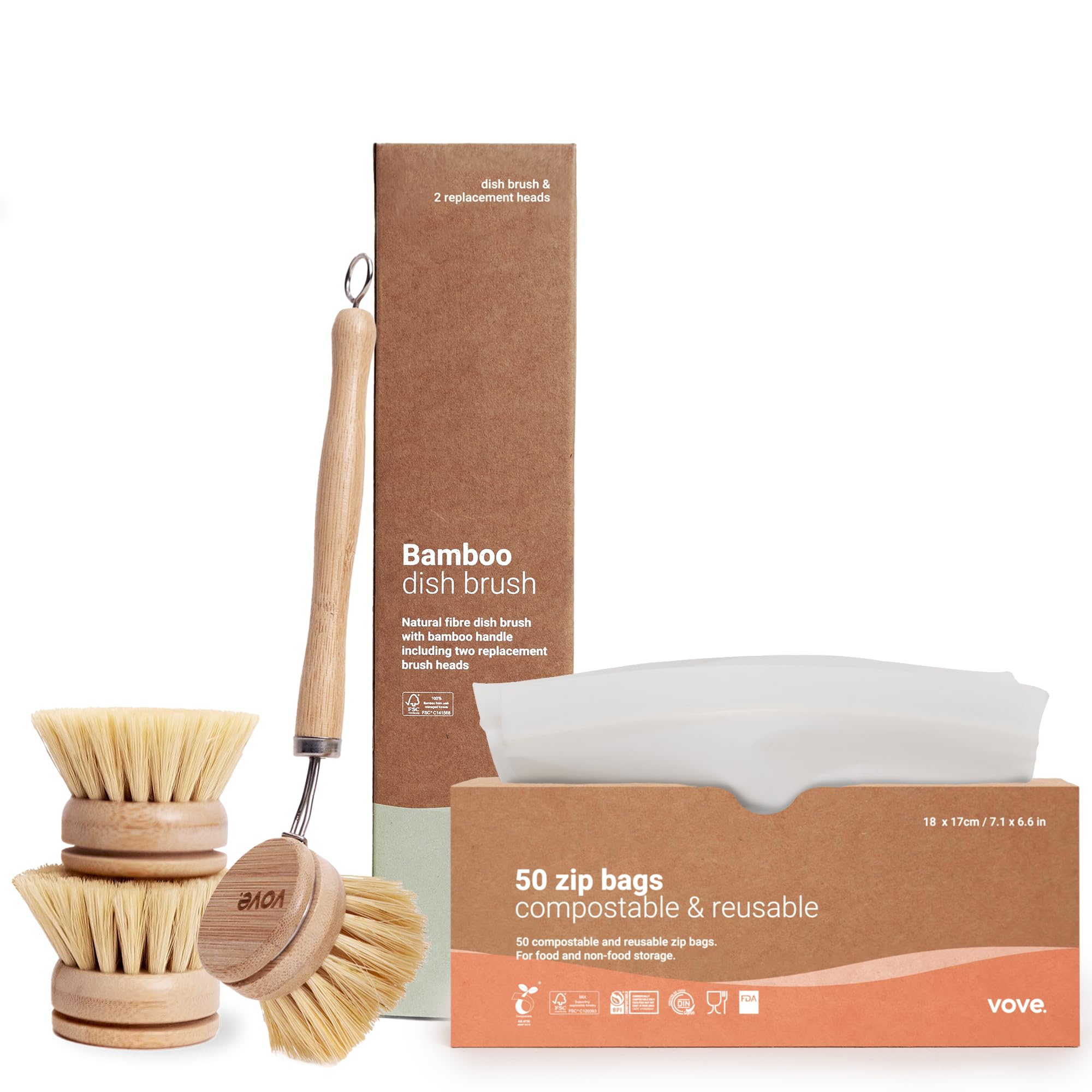 Eco-Friendly Kitchen Bundle | Bamboo Dish Brush with 3 Replacement Heads & Plant-Based Zip Lock Bags | Natural Bristle Wooden Dish Brush | Resealable, Bio, and Eco-Friendly Bags | Plastic Alternative