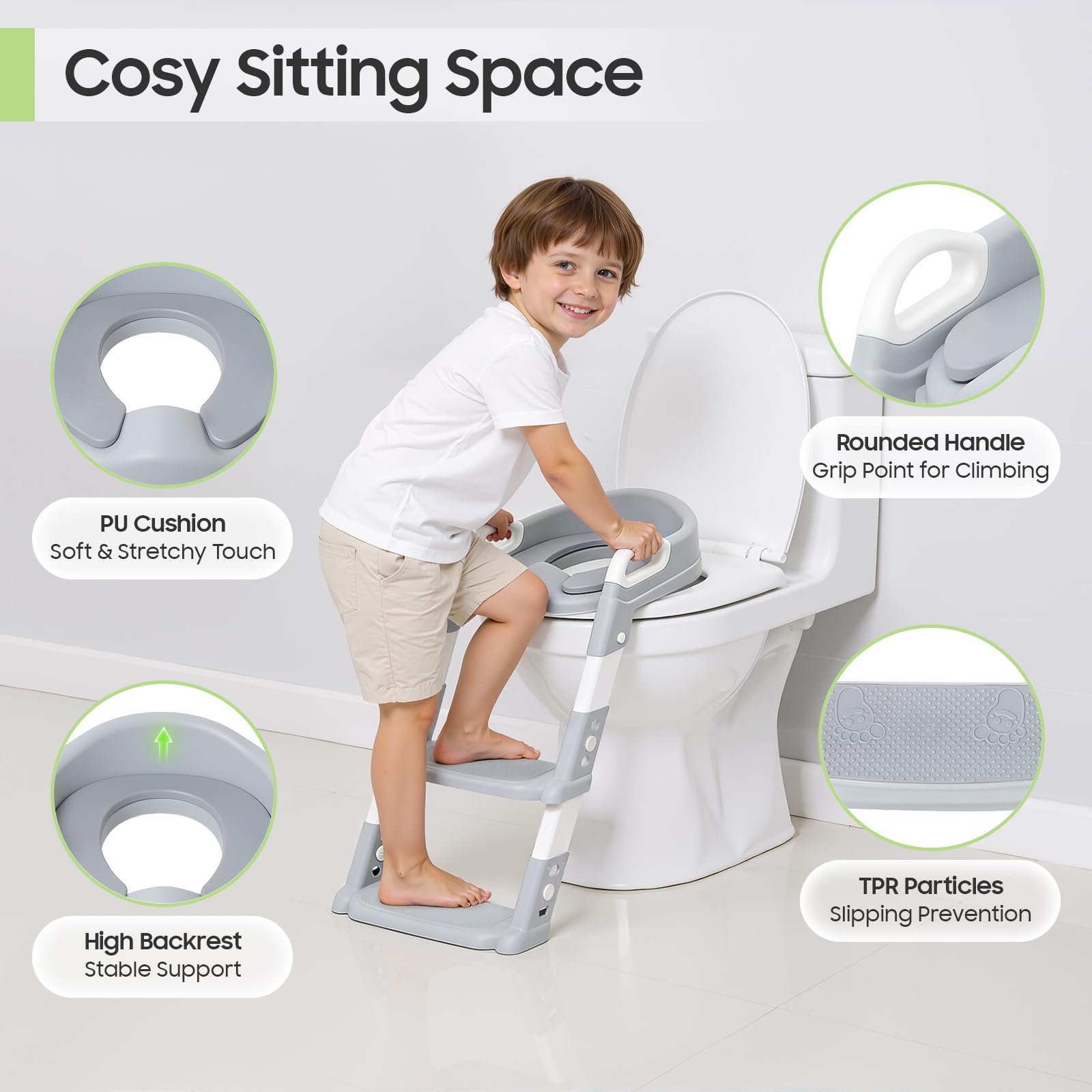 Siège de toilette pour enfant avec marche, coussin en PU détachable, réglable en hauteur 2–7 ans, siège de toilette pliable avec marche, antidérapant et sûr pour toilettes V/U/O (Gris)