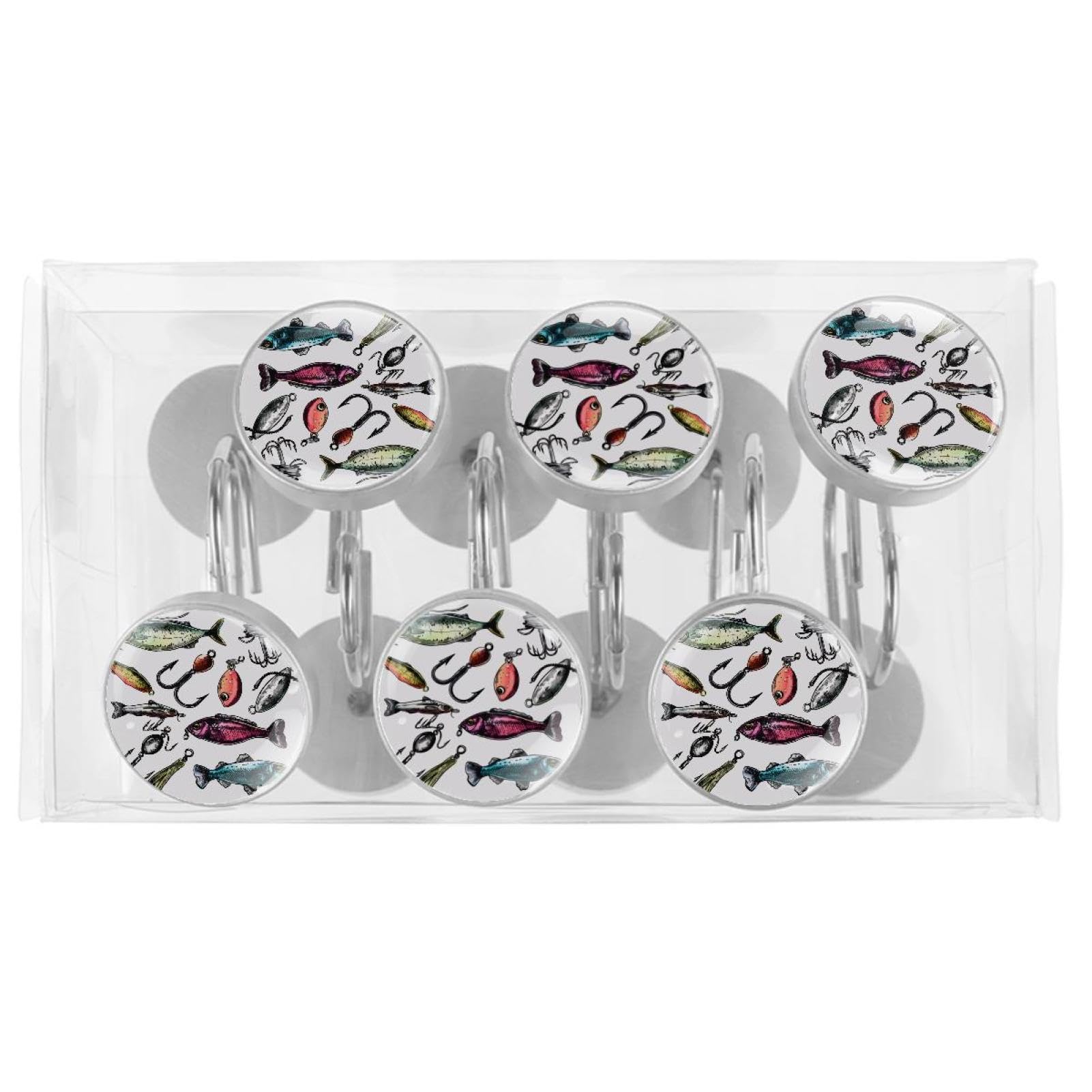 12 Pcs Fishing Lure Themed Shower Curtain Hooks - Stainless Steel Rustproof Decorative Rings - Bathroom Decor