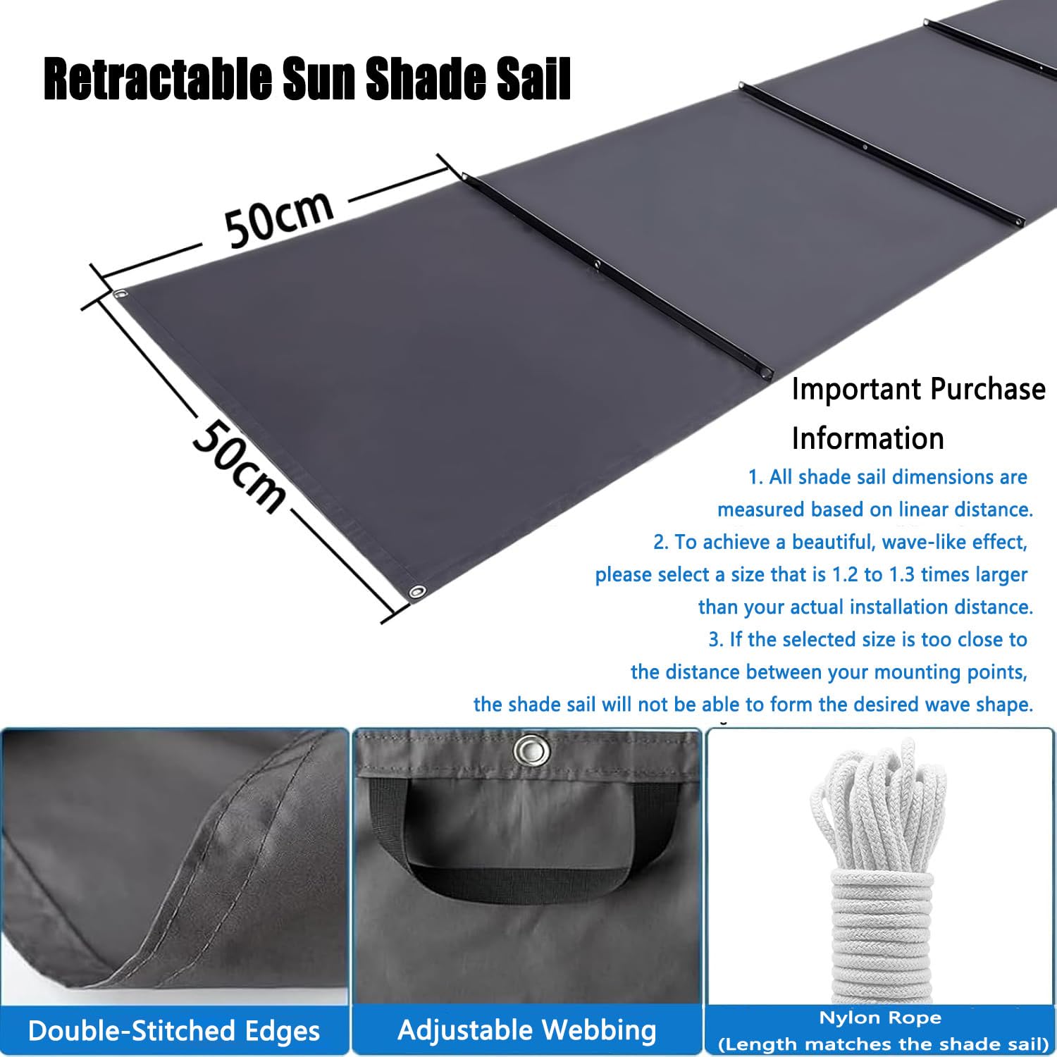 Sonnensegel Einziehbares Sonnensegel 140 x 600 cm Uv-Schutz Reißfest Sonnenschutz Wasserdicht Winterfest mit Ösen Verstellbare Pergola Markise für Terrasse Garten Pergola, Dunkelgrau