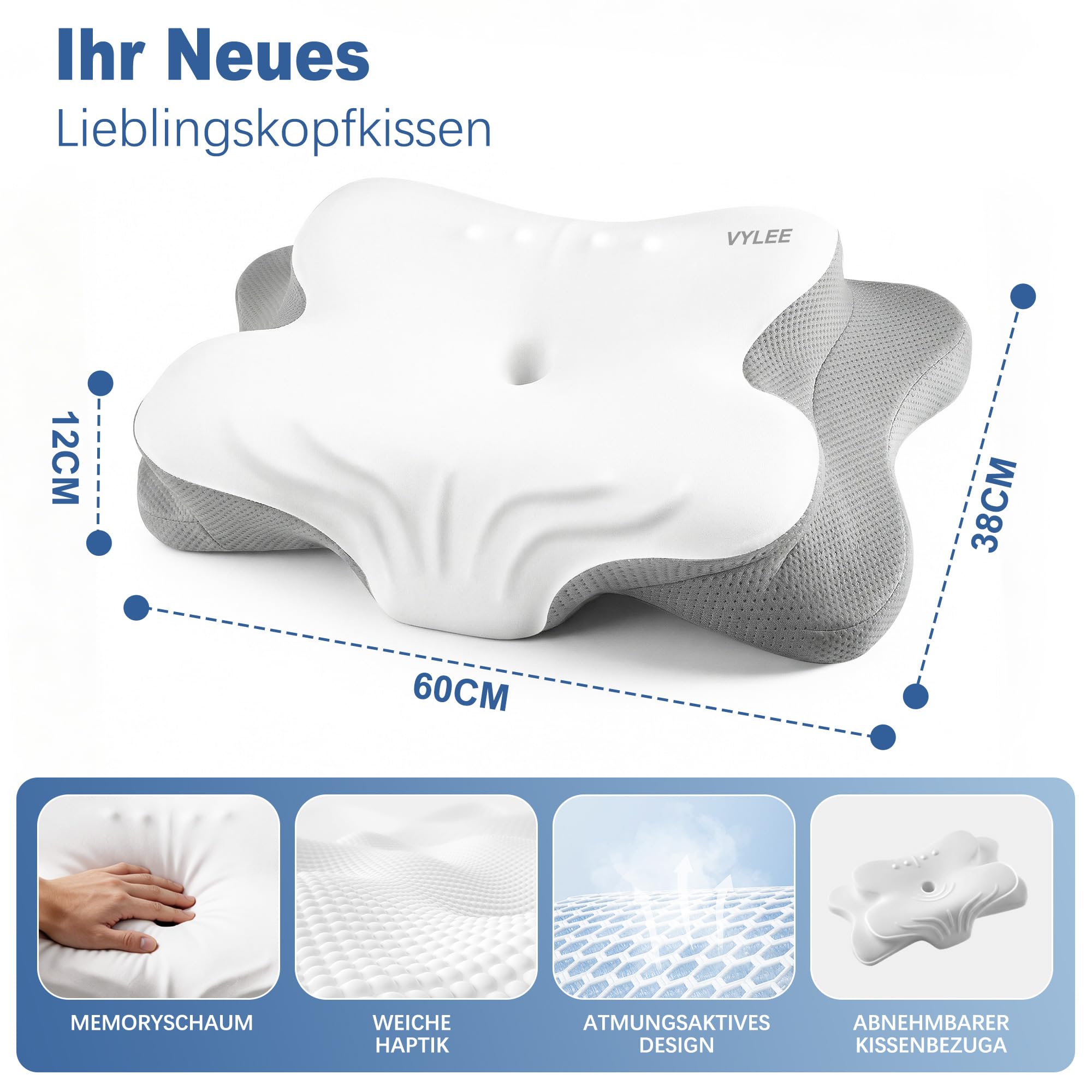 VYLEE Ergonomisches Nackenkissen Memory Foam Kopfkissen für Rücken-, Seiten- und Bauchschläfer, Schlafkissen für Nacken- und Schulterschmerzen (Grau)