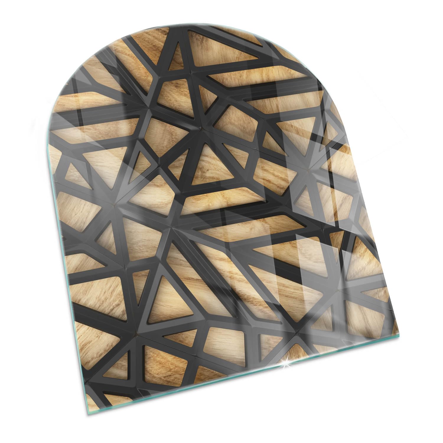 Piastra per camino e stufa 80x70cm di Vetro Temperato Protezione del Pavimento Resistente a Scintille Design Elegante Arco Resistente alle Alte Temperature - Geometria con il legno
