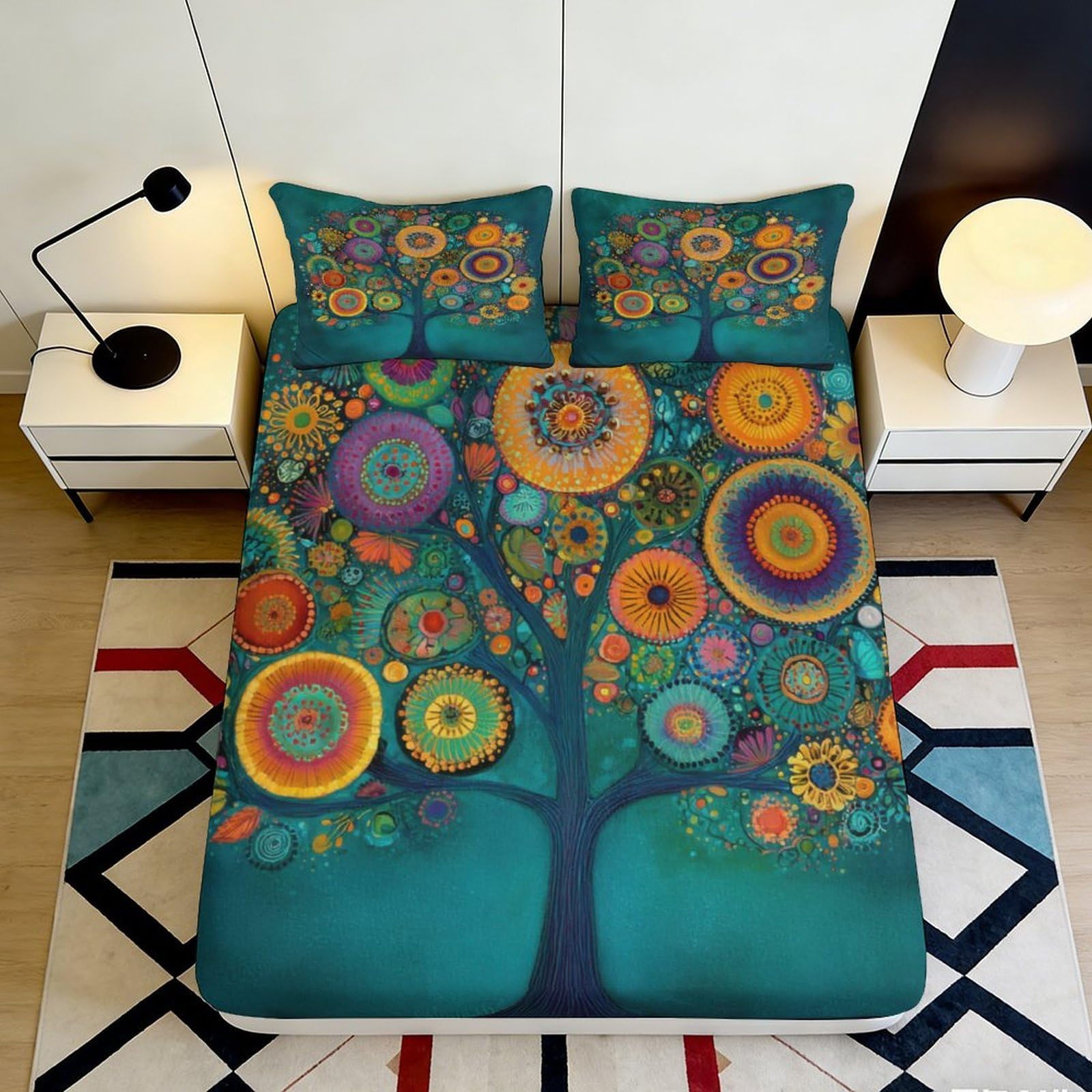 3D Printed Tree & Circles Pattern Fitted Sheet Microfiber Deep Pocket Tree Mattress Fitted Cover Bedroom Bedding for Adults Teens 200x200x25cm 90x200x25cm