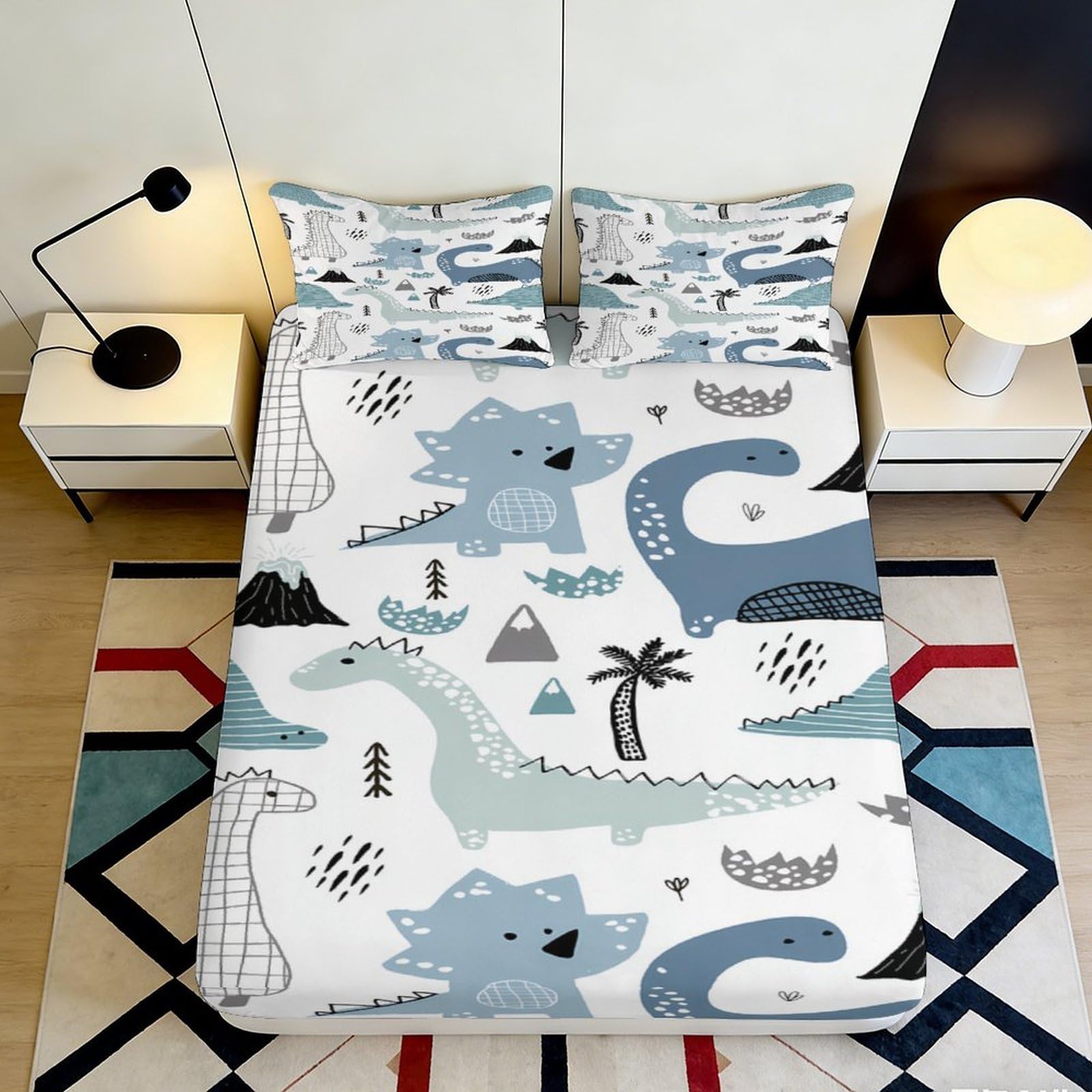 3D Printed Cartoon Dinosaur Fitted Sheet Microfiber Blue Green Mattress Cover for Bedroom Decor Dorm Guest Room Protection 90x200x25cm