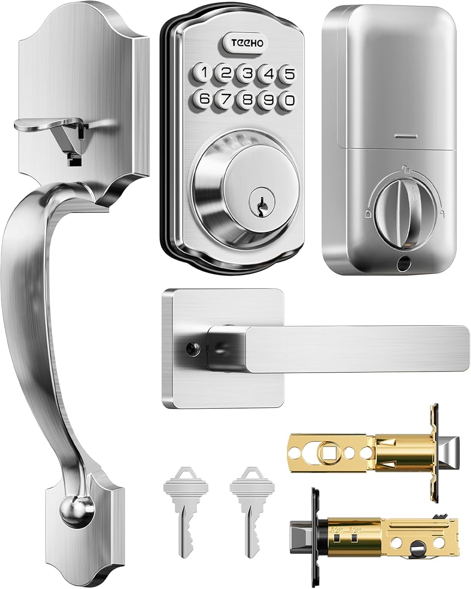 TEEHO TK001H Keyless Entry Door Lock with Handle Set, Electronic Deadbolt Keypad Door Lock with Code, Smart Locks for Front Door, Exterior Door Handle, Auto-Lock, Easy to Install, Satin Nickel - Amazon.com