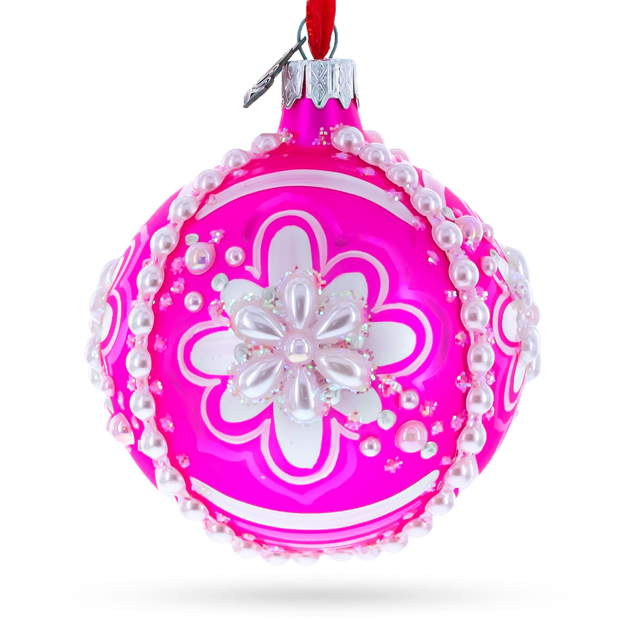 Boule de Noël rose en verre BestPysanky ornée de perles pour offrir