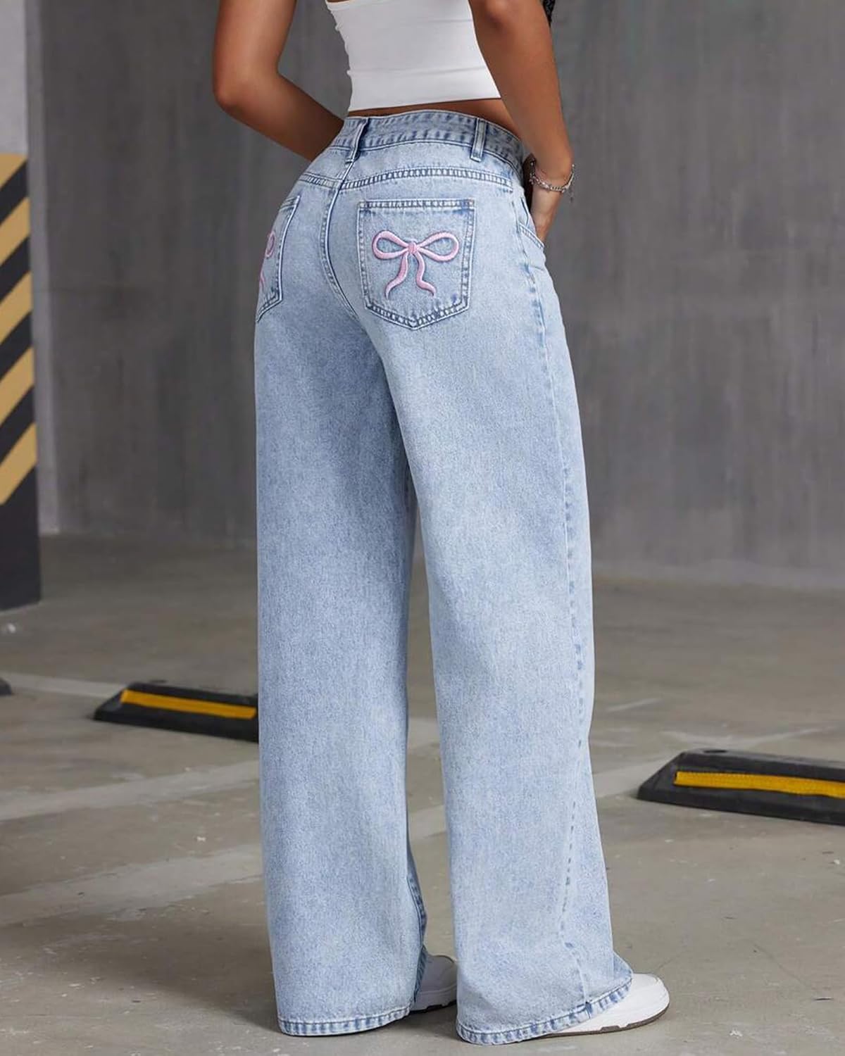 Women's Y2k Bow Low Rise Baggy Jeans 2025 Fall Embroidery Wide Leg Boyfriend Denim Pants - Image 4