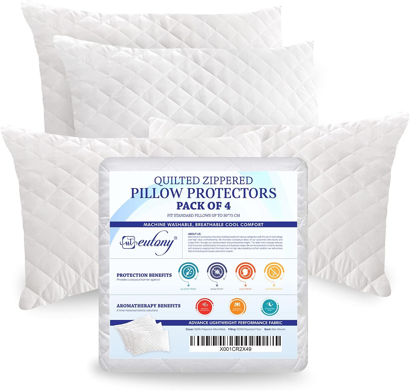 Eutony Ultra Luxe Pillow Protectors 4 Pack - Quilted Zipped Microfiber Pillowcase Covers, Soft & Breathable, Hypoallergenic, 50 x 75cm - White