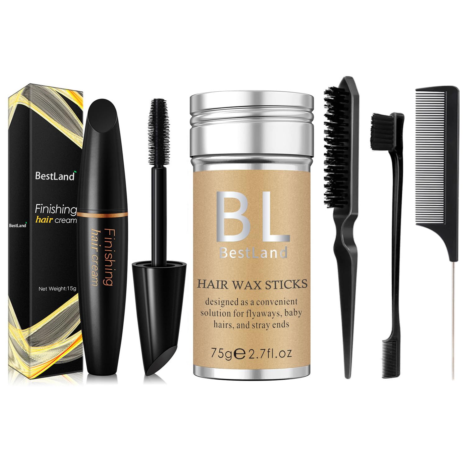 BestLand 5 Pcs Hair Wax Stick Set - Flyaways Edge Control - Wax Stick for Hair, Hair Mascara Stick, Hair Styling Comb Set - Slick Back Gel for Kids & Women, Hair Bun Maker and Accessories (Black)