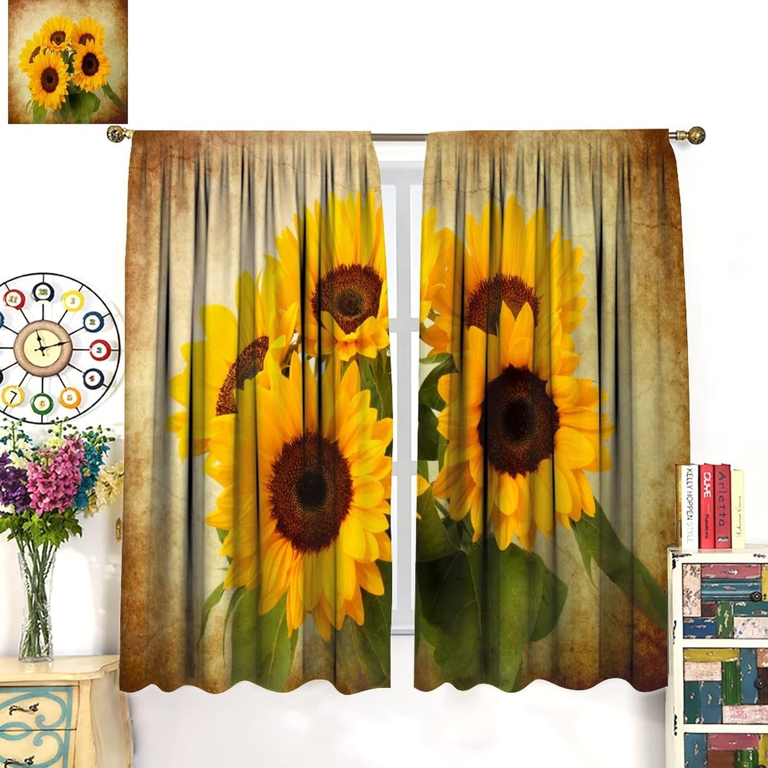 Sunflower Blackout Curtain Rustic Vintage Background Window Curtain Noise Reducing Drapes Rod Pocket Dining Room Cafe Bedroom Living Room Kitchen 2 Panels 52x84 in