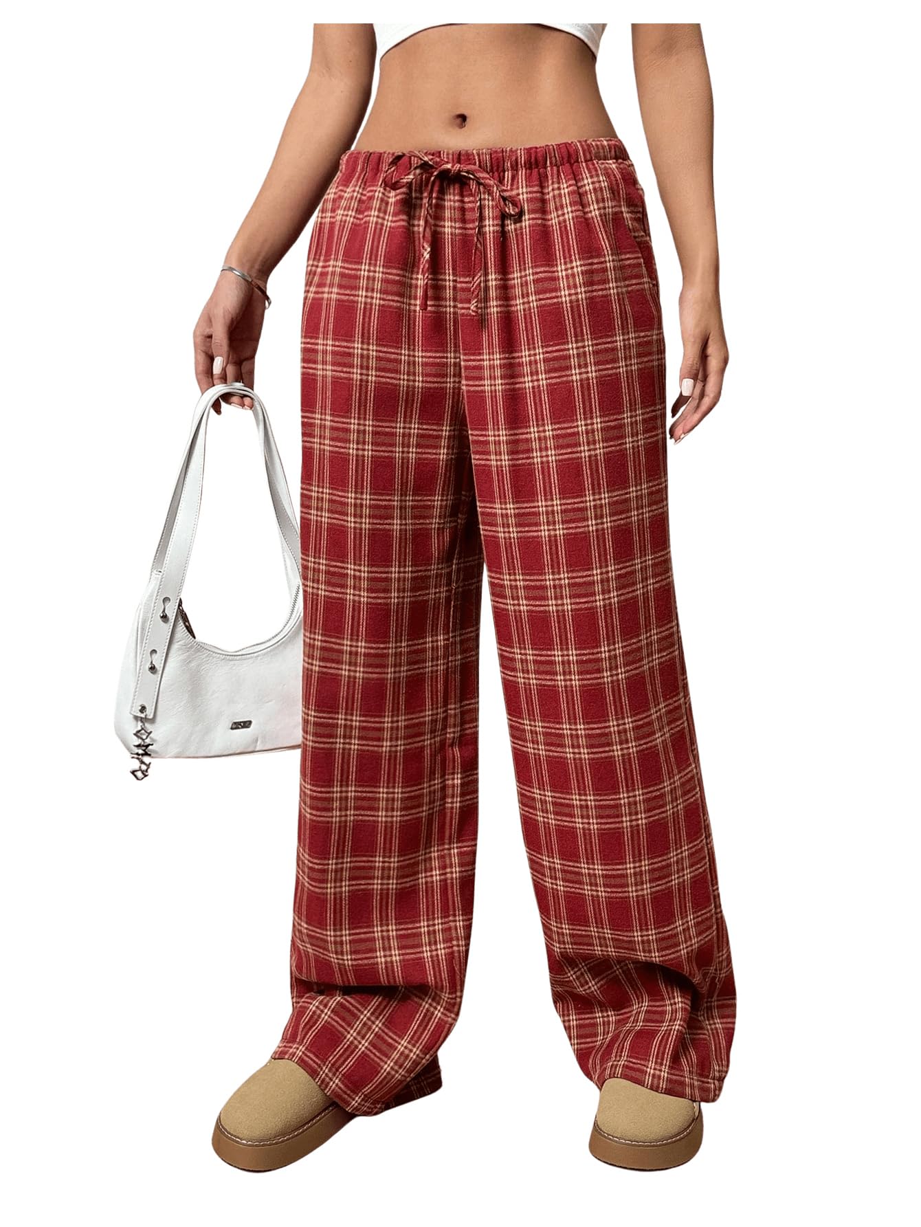 SOLY HUX Womens Plaid Straight Leg Casual Pants Drawstring Elastic Waist Baggy Sweatpants Trousers