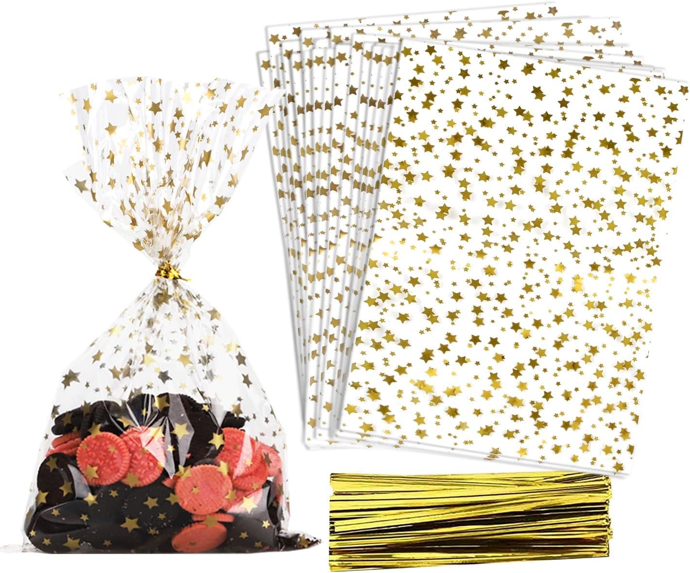 LINMAGCO 100 Pcs Star Printed 4 X 6 inch Gift Wrap Cello Cellophane Treat Bags Clear Candy Cookie Bag Plastic Poly Goodie Storage Bag with Twist Ties for Bakery,Birthday, Wedding,Party Decoration โ image 1