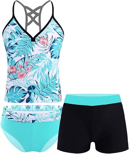 Hularka Conjunto de 3 piezas de tankini para niñas y niñas, con estampado floral, parte superior con pantalones cortos, trajes de baño