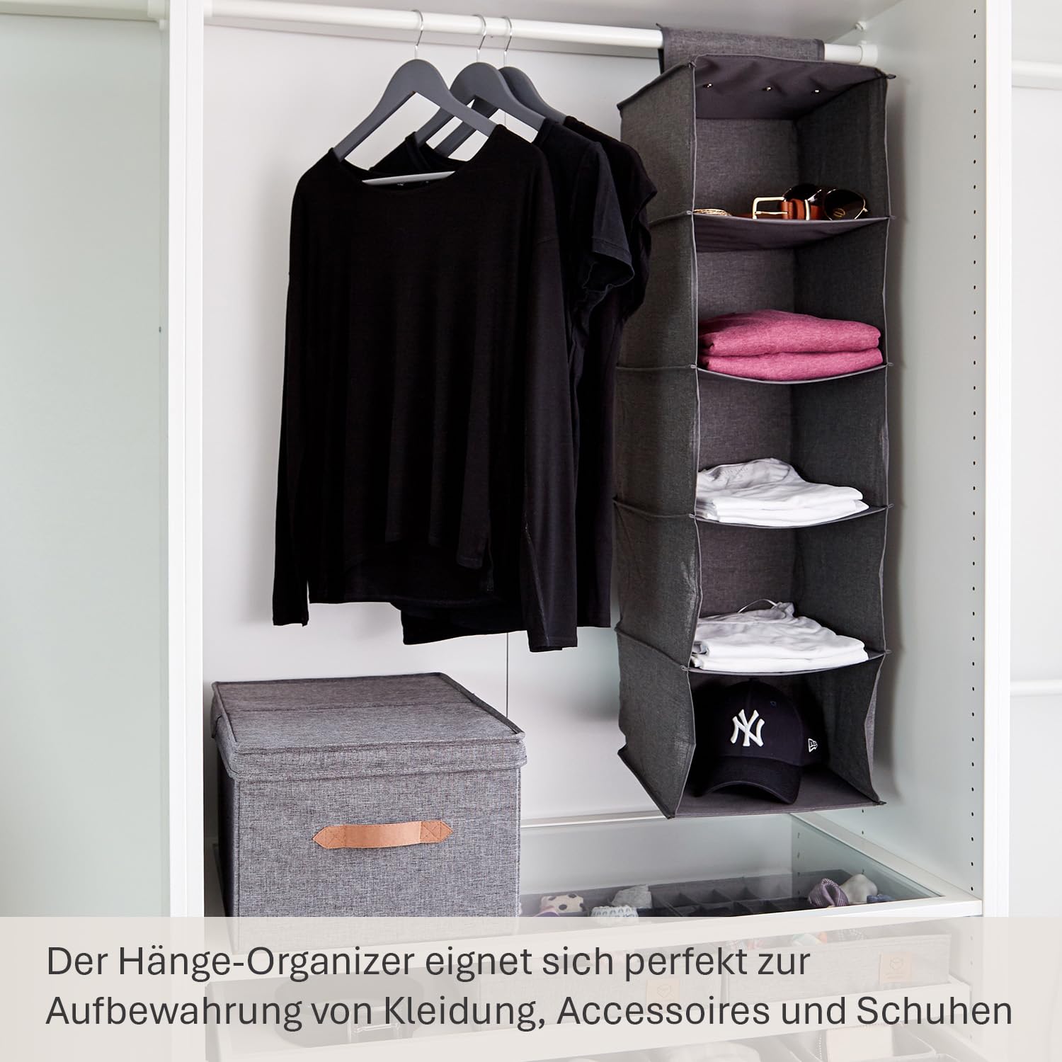 Love IT Store IT Premium Hängeregal für Kleiderstange - Kleiderschrank Organizer aus Leinen - Stabil, verstärkte Böden - 5 Fächer - Grau - 30x30x100 cm