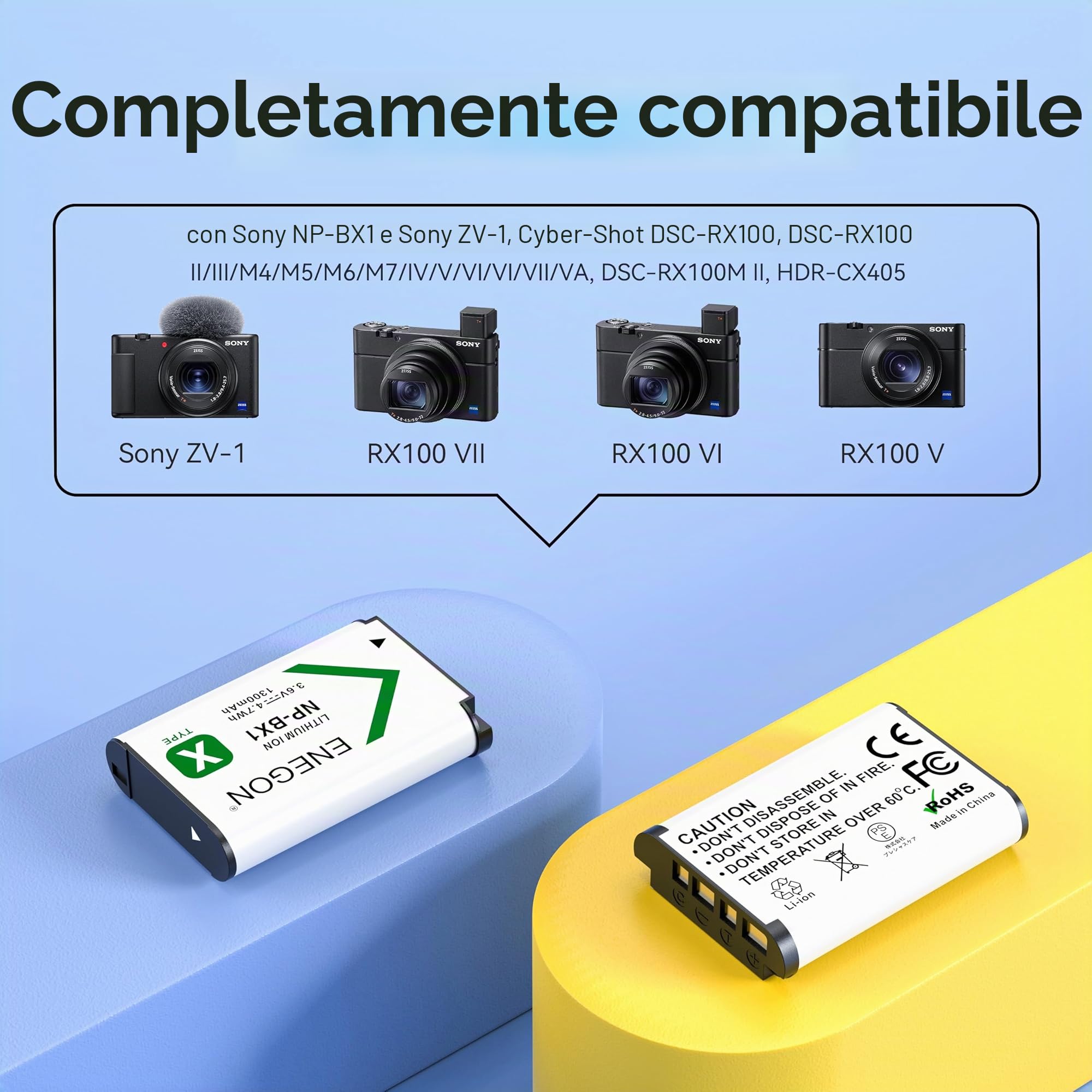 ENEGON NP-BX1 Kit Batteria (1300mAh Pacco da 2) e Caricatore LCD Compatibile con Sony NP-BX1, Sony ZV-1, Cyber-Shot DSC-RX100, DSC-RX100 II/III/M4/M5/M6/M7/Ⅳ/Ⅴ/Ⅵ/Ⅶ/VA, DSC-RX100M II, HDR-CX405