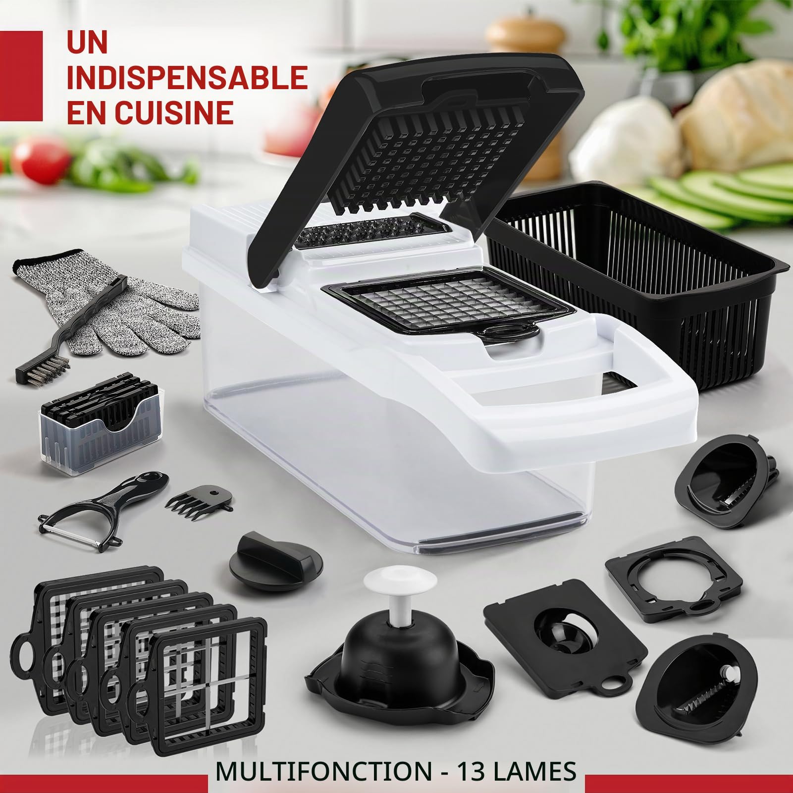 Hachoir à légumes et mandoline 25 en 1 - Hachoir alimentaire avec récipient et coupe-légumes - Coupe-légumes, coupe-légumes et trancheuse pour salade, oignon, pomme de terre et tomate - Gadget de