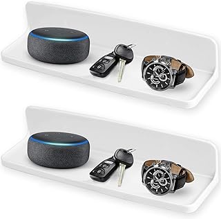 Wall Mounted Small Floating Shelf Stick On Wall Shelves for Bedroom,Kitchen,Bathroom Bedside Shelves to Display Speakers,Photo Frame,Watch,Keys,Cosmetics-Damage Free-Plastic-White(2Pcs/Set)