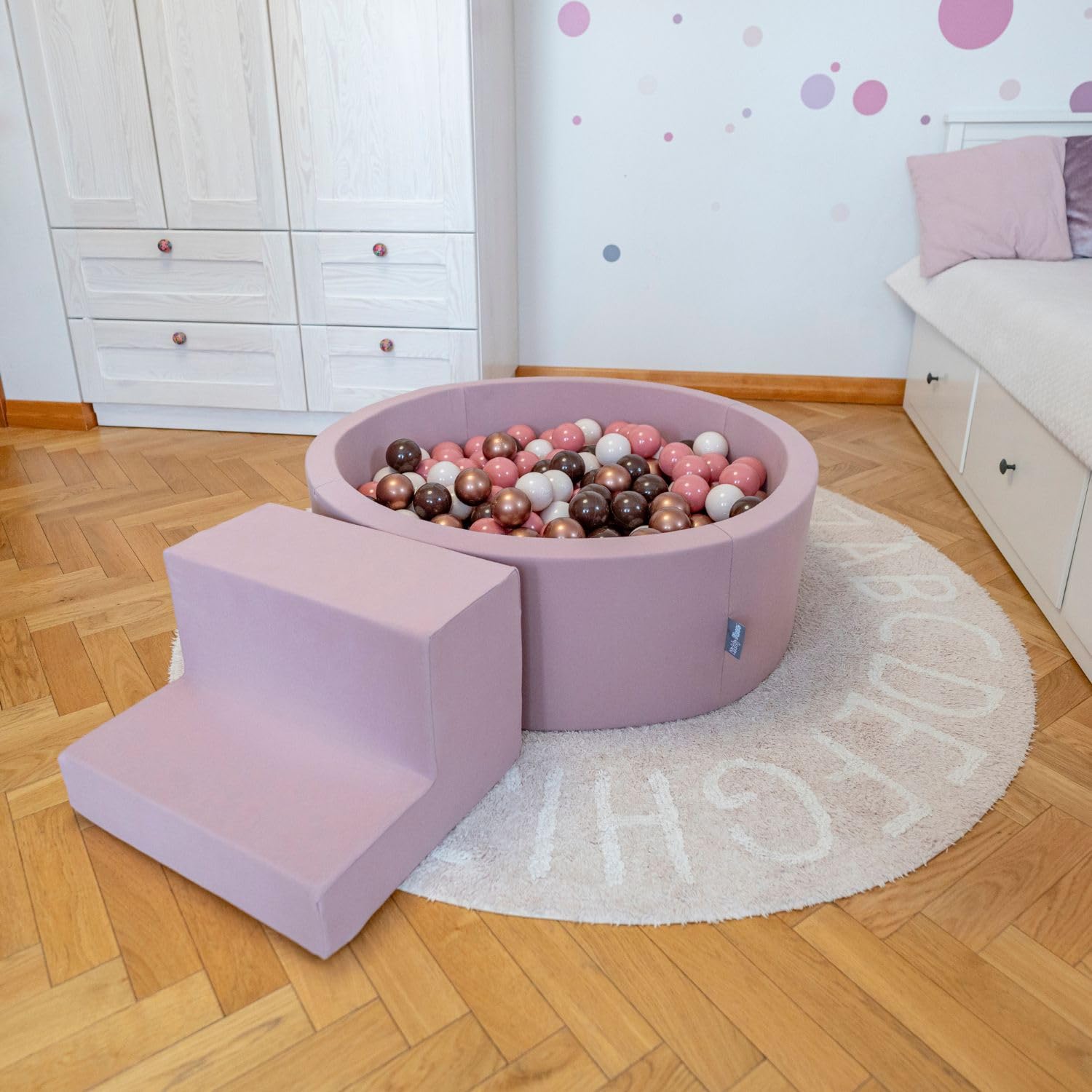 KiddyMoon Area di Gioco in Schiuma con Tondo Piscina di Palline (300 Palline) per Bambini, Erica: Blu Pastello/Giallo Pastello/Bianco/Menta/Rosa Chiaro