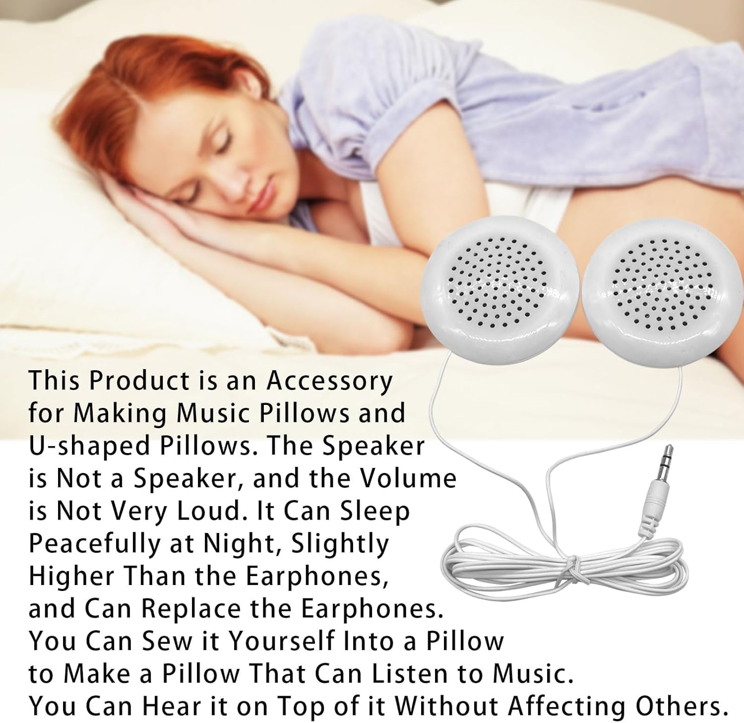 Flylin Altoparlante per Cuscino, Doppio Mini Altoparlante Stereo Migliorato, Bianco Rotondo, Cavo 3.5mm, Compatibile con Telefono, MP3 e CD, per Dormire e Rilassarsi