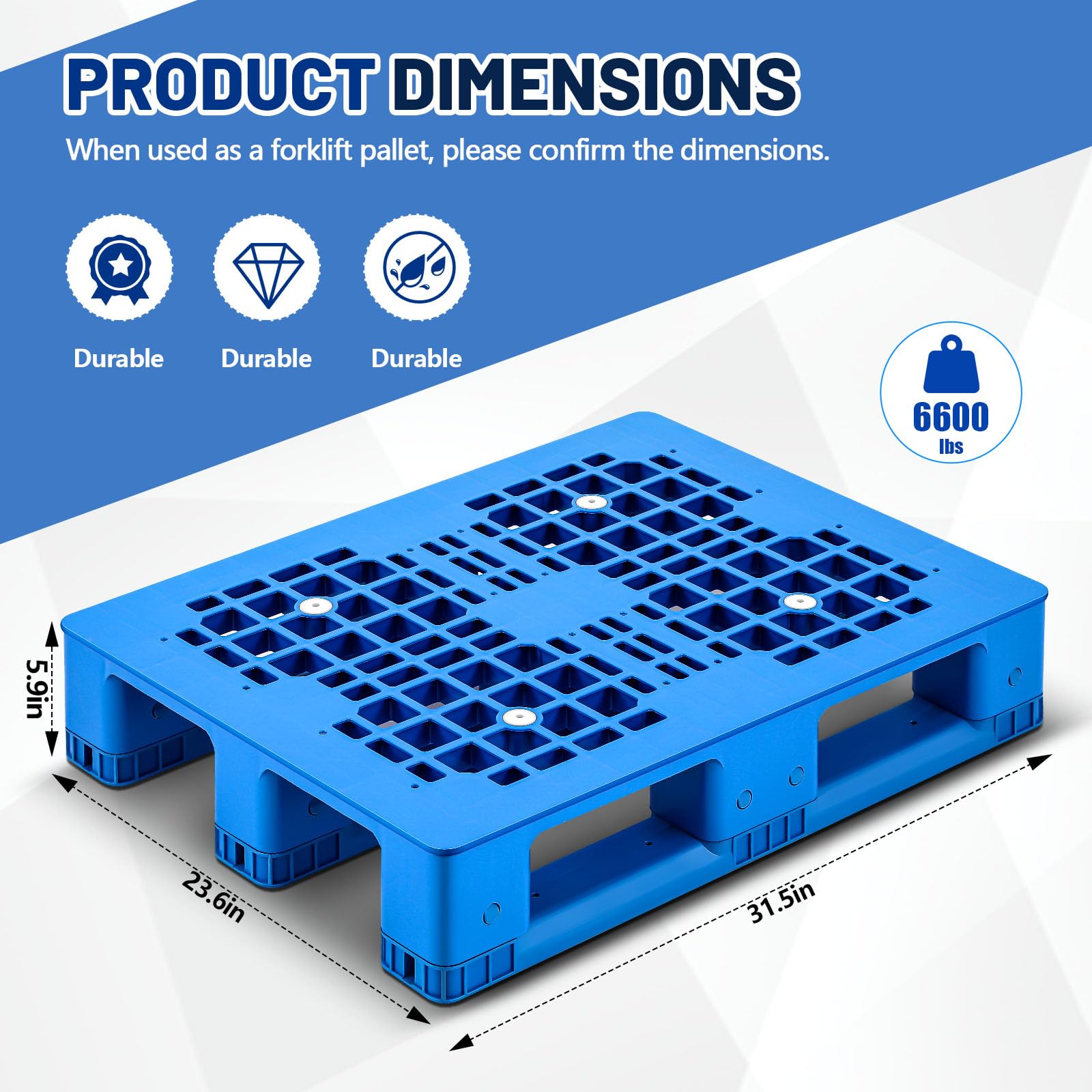 Lineshading Palé de plástico de 32 x 24 x 6 pulgadas, rejilla de polietileno azul, almohadilla de almacenamiento ligera para sótano húmedo, almacenamiento fuera del supermercado, garaje (carga