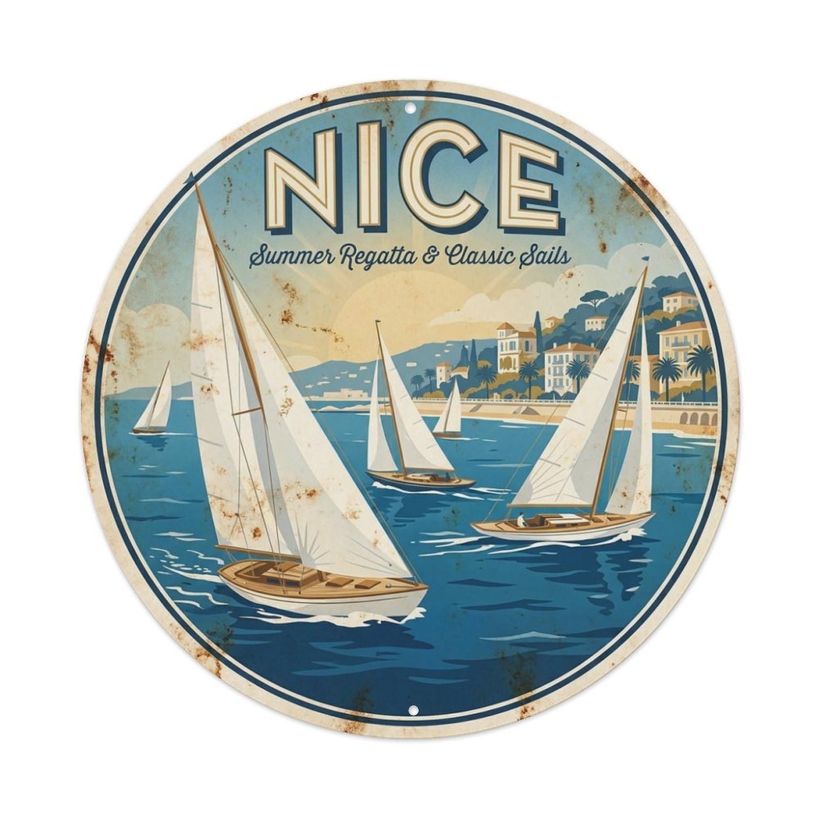 Olhnbad Style Azure Regatta White Sails Coastal Route Nice Travel Metal Tin Sign