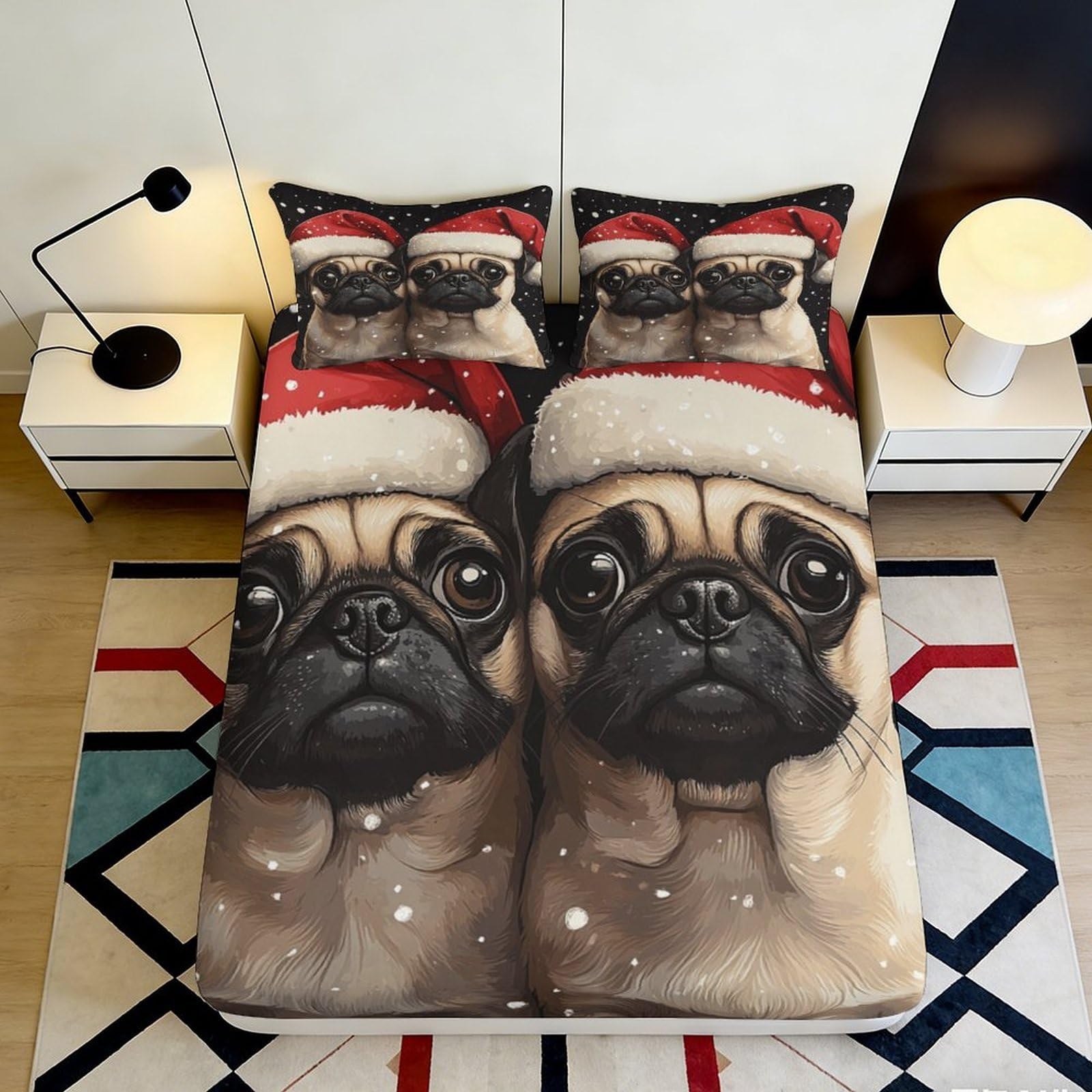 3D Printed Santa Pug Fitted Sheet Microfiber Soft Anti-Slip Cartoon Dog Mattress Cover for Bedroom Dorm Room Decor 140x200x25cm