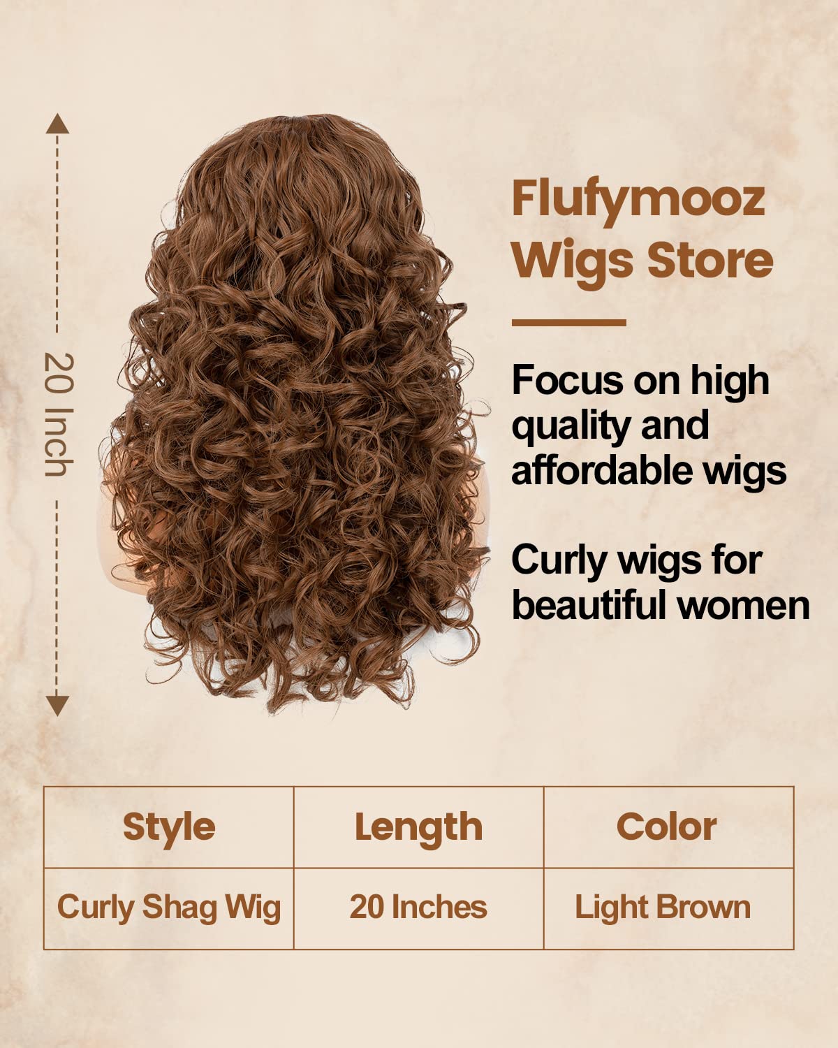 Curly Wig with Bangs for Women FLUFYMOOZ Light Chocolate Brown Long Curly Wig 21 Inch Curls with Wispy Bangs Heat Resist Soft Synthetic Wig for Women Daily Halloween Cosplay - Image 2
