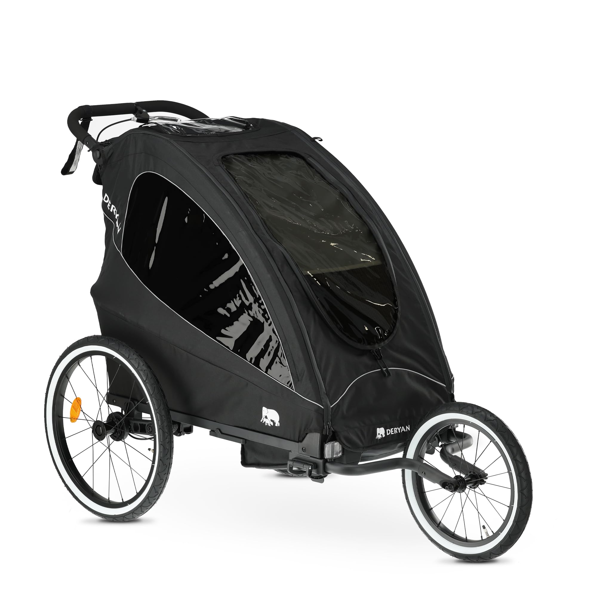 Deryan Luxus 3-in-1 Rimorchio per Bicicletta per 1 Bambini – Rimorchio per Bicicletta, Passeggino & Jogger – Passeggino Multifunzionale con Cintura a 5 Punti – Nero