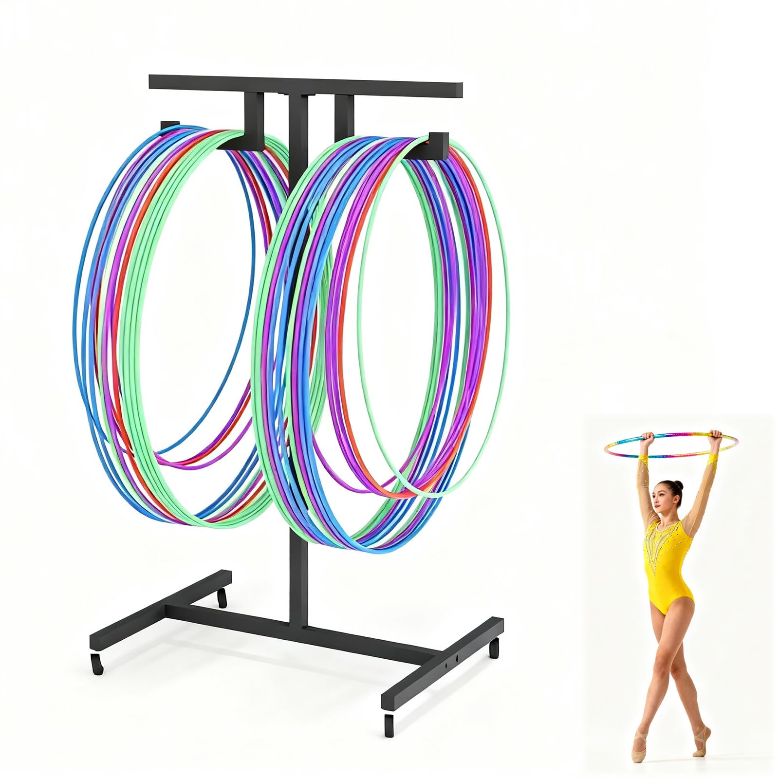 Hula Hoop Halterung Praktischer Sportring-Aufbewahrungswagen, Organizer für Hula-Hoop-Reifen und Springseile aus Metall mit Rädern, Ausstellungsständer für Fitnessgeräte