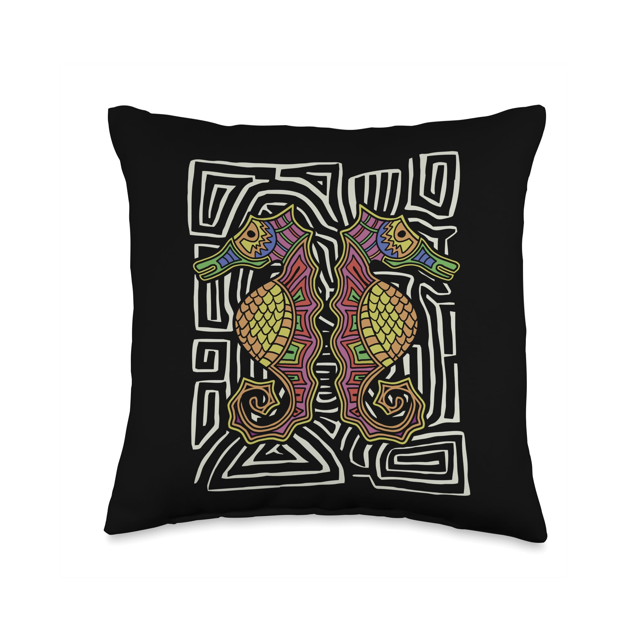 Seahorse Hippocampus Mola Art by Panama Kuna Tribe Throw Pillow