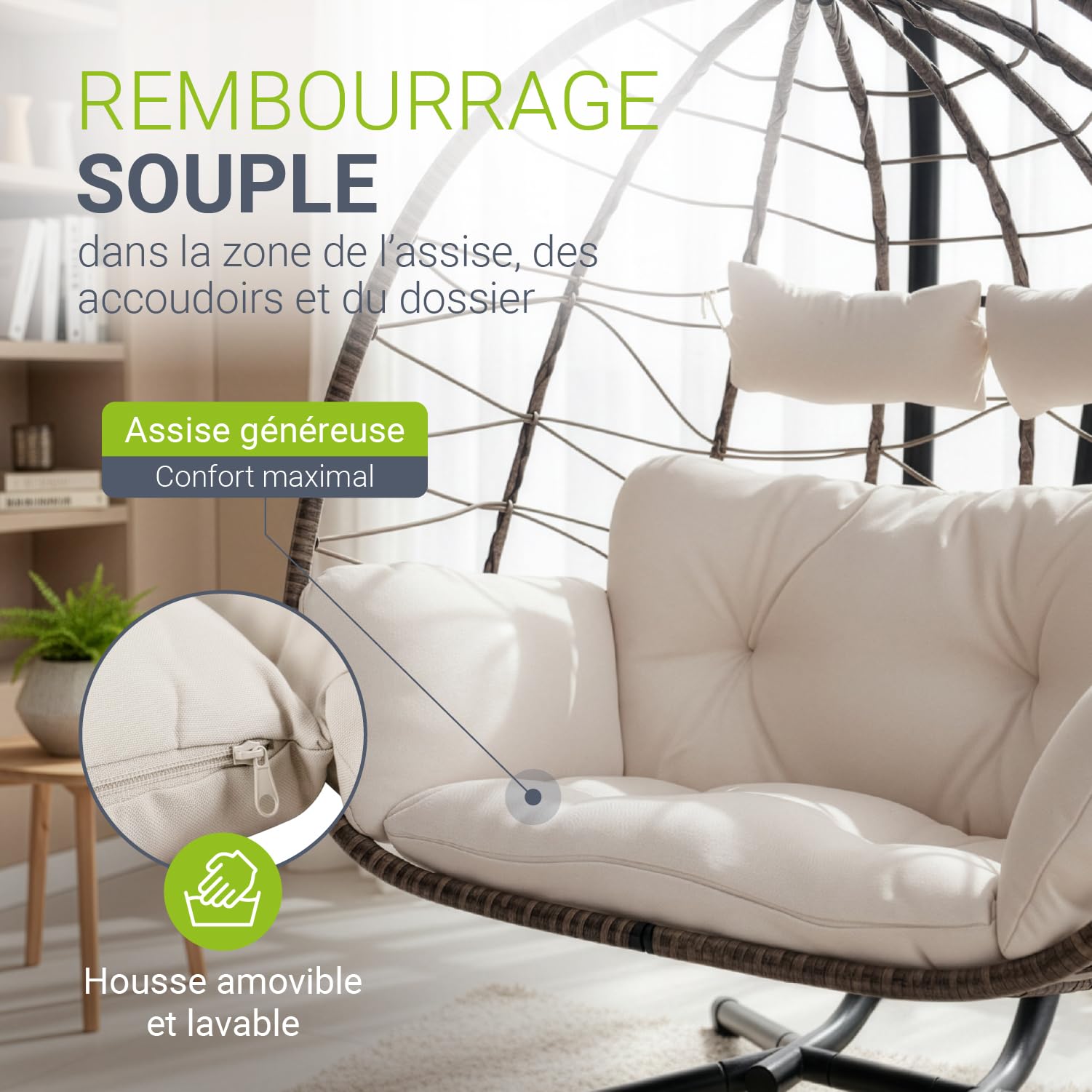 Fauteuil Suspendu Double Aria de Juskys - Fauteuil Suspendu en polyrotin avec Support & Coussins - balancelle pour Deux Personnes - Fauteuil d'extérieur/d'intérieur - Panier XXL Beige