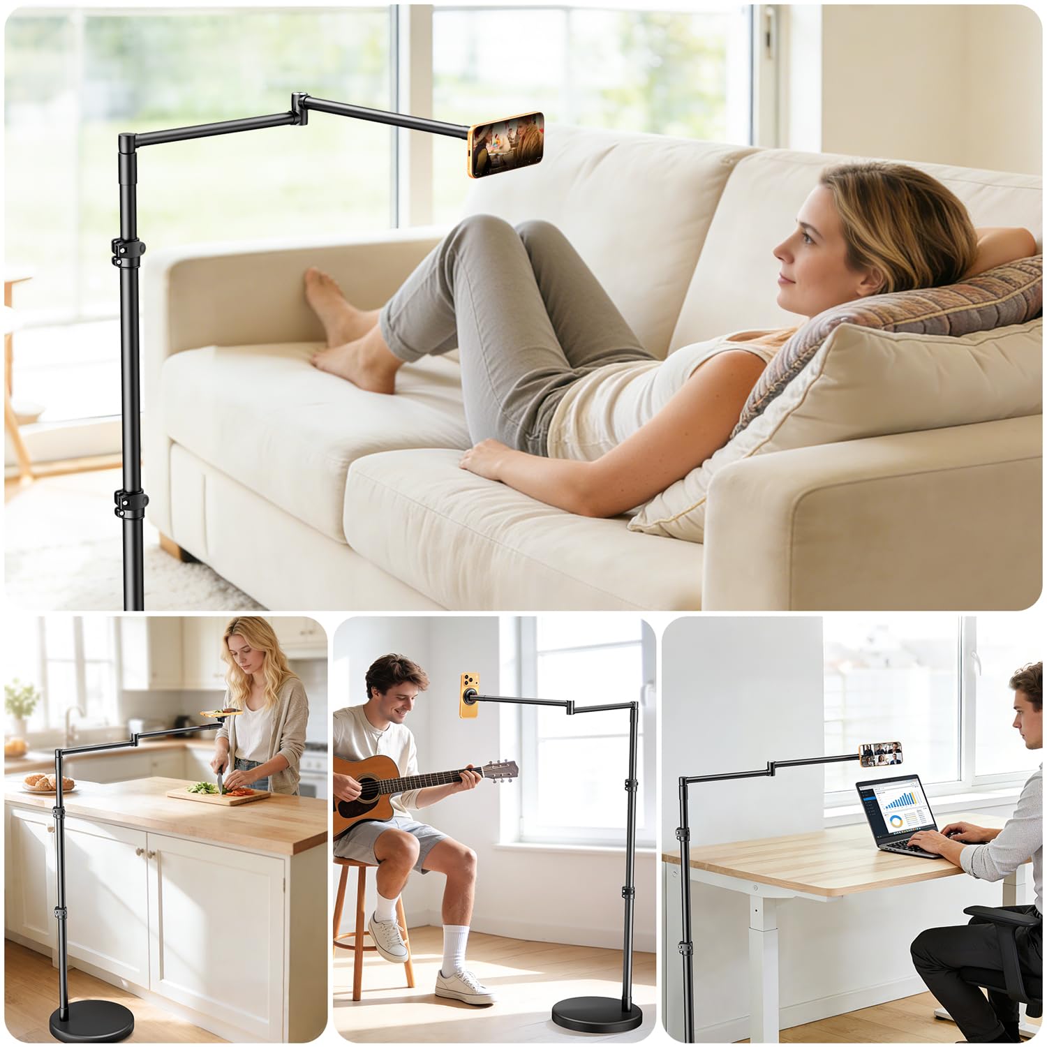 elitehood Soporte magnético fuerte de aluminio para teléfono para cama con base resistente, brazo de 25 pulgadas de largo, soporte de iPhone resistente para cama, sofá reclinable, soporte de teléfono
