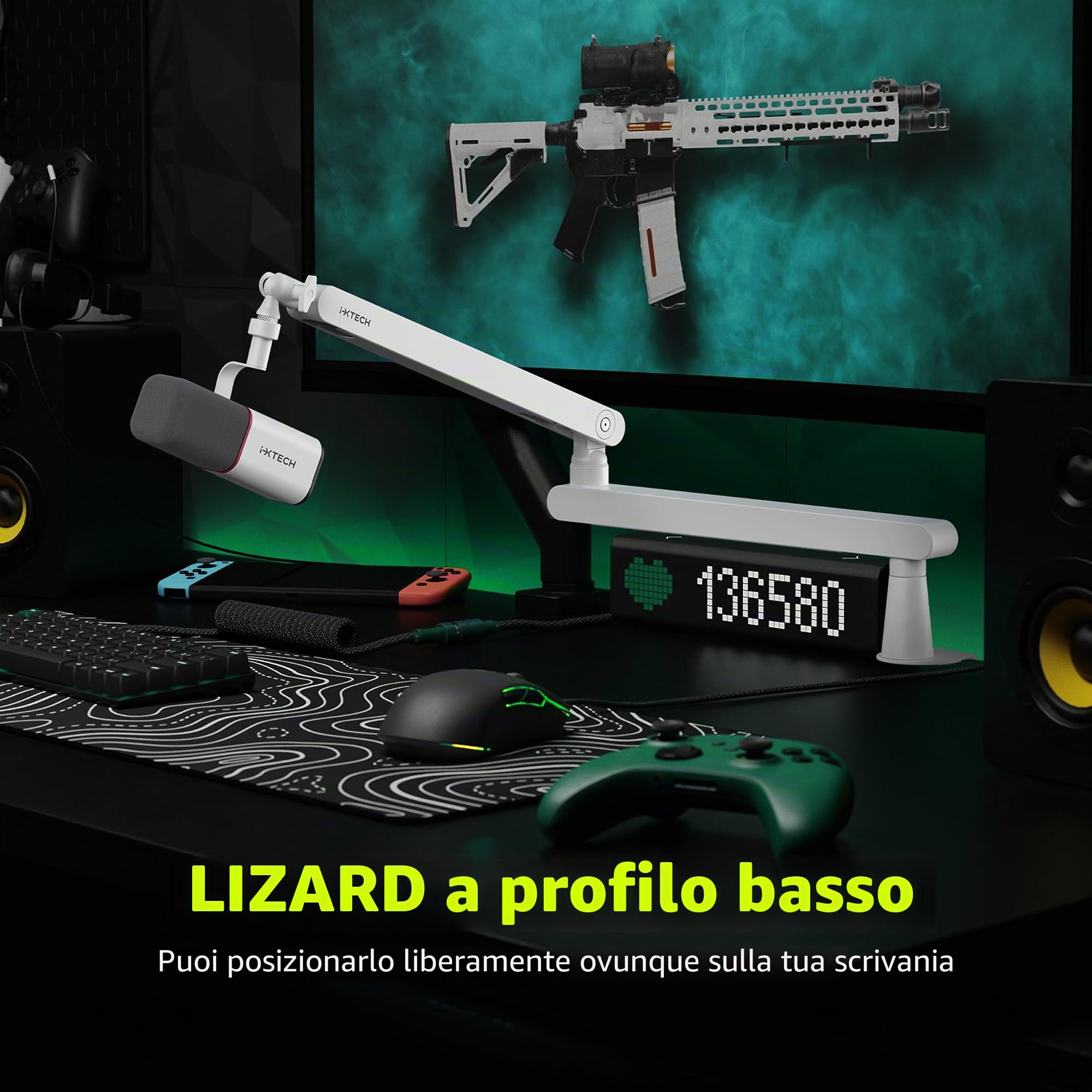 IXTECH Braccio per microfono regolabile girevole a 360°, supporto per microfono a profilo basso con staffa universale completamente regolabile per professionisti, braccio boom per microfono