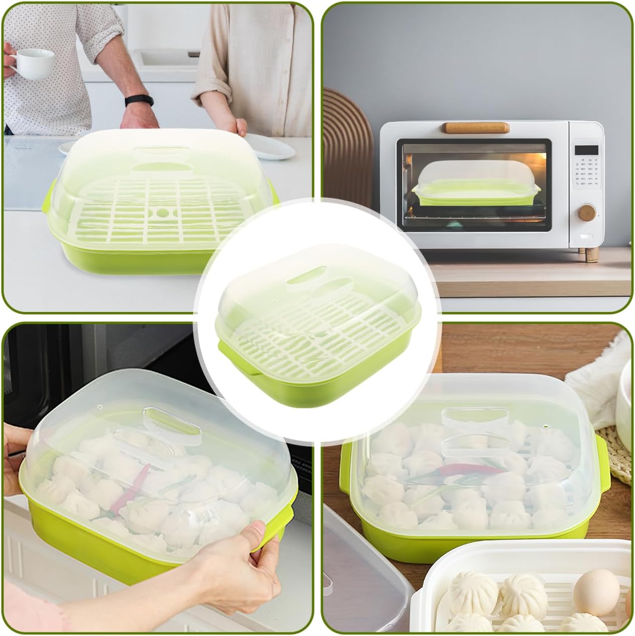 Microwave Oven Steamer for Steamed Buns Vegetable Dumpling Fish, Plastic Kitchen Cooking Heating Container Basket with Lid Cookware (Random Color, White/Green)