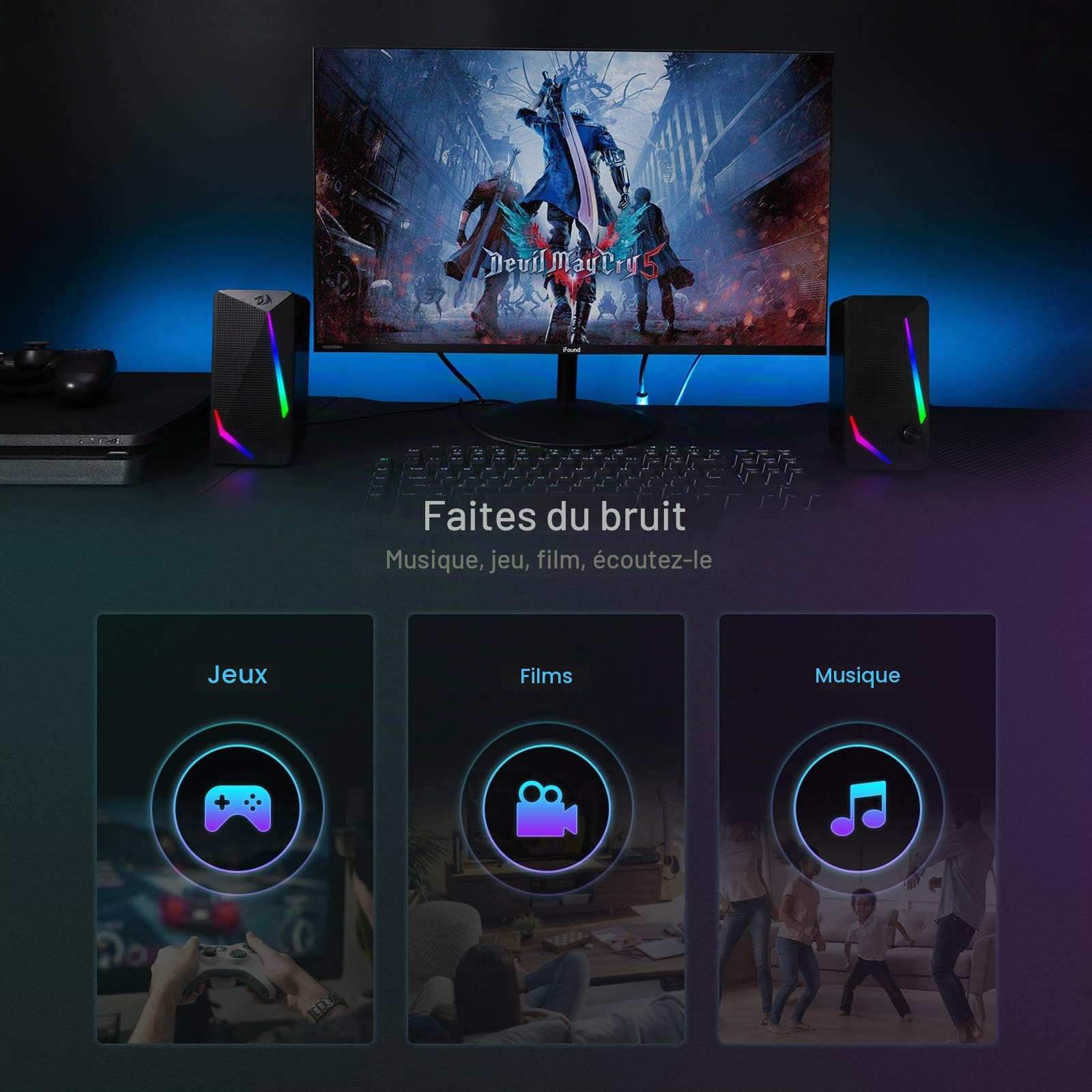 Redragon GS510 Enceintes Bureau RGB 2.0 Contrôle Volume USB | enceintes bureau RGB 2.0 canaux stéréo rétroéclairage LED basses améliorées contrôle volume USB 3.5mm