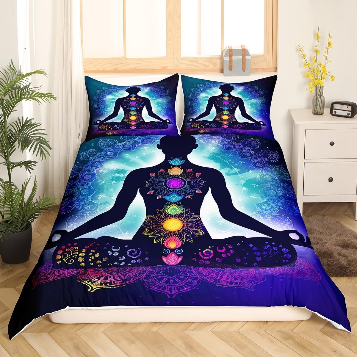 Yoga Duvet Cover Set King Size,Chakra Meditation Bedding Set,Blue Mandala Comforter Cover Boho Hippie Style with Chakra Art Print Bedspreads Cover,Kids Adult Room Decor Bed Cover with Zipper Dark Blue
