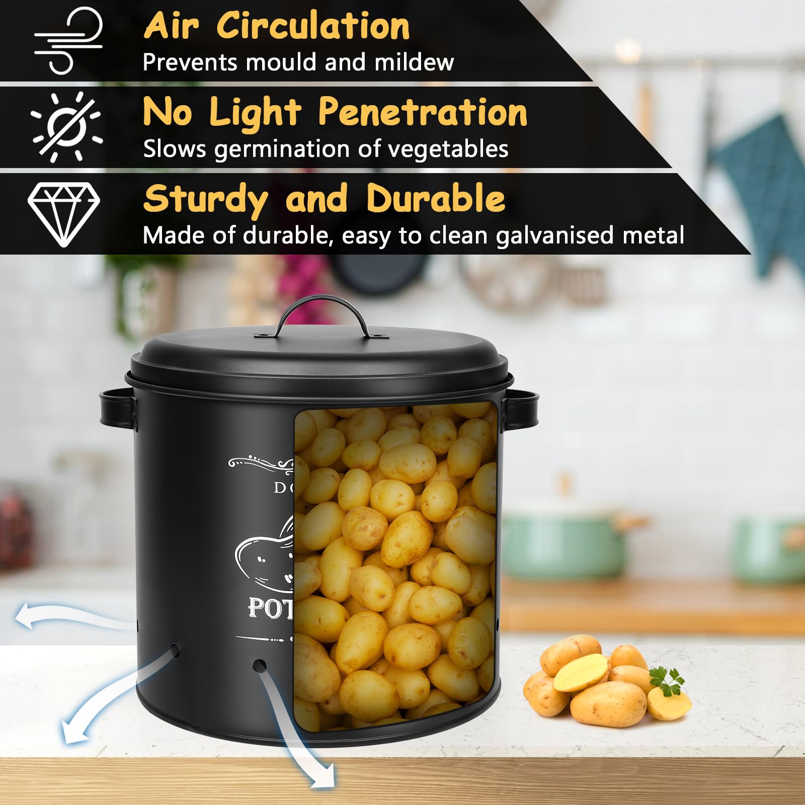 3-teiliges Aufbewahrungsset Für Kartoffeln, Zwiebeln & Knoblauch – Mit Bambusdeckeln, 360° Luftzirkulation, Schwarz, Stapelbar