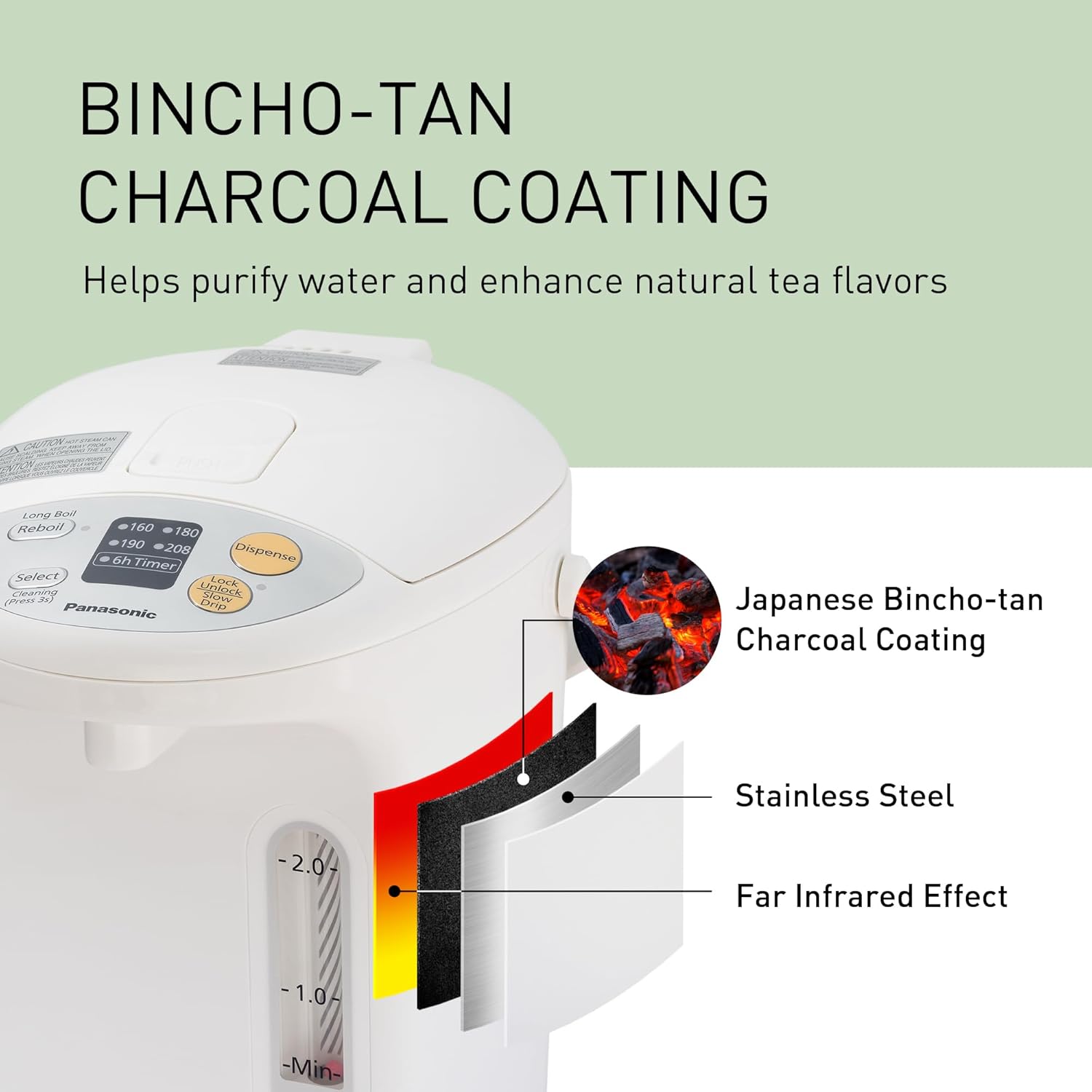 Panasonic 3L Water Boiler Electric Hot Water Dispenser Countertop w/Slow-Drip Mode for Coffee & Tea, 4 Temp Presets, Charcoal‑Purified Stainless, Auto Shut‑Off, Timer & Safety Lock - NC-EG3000