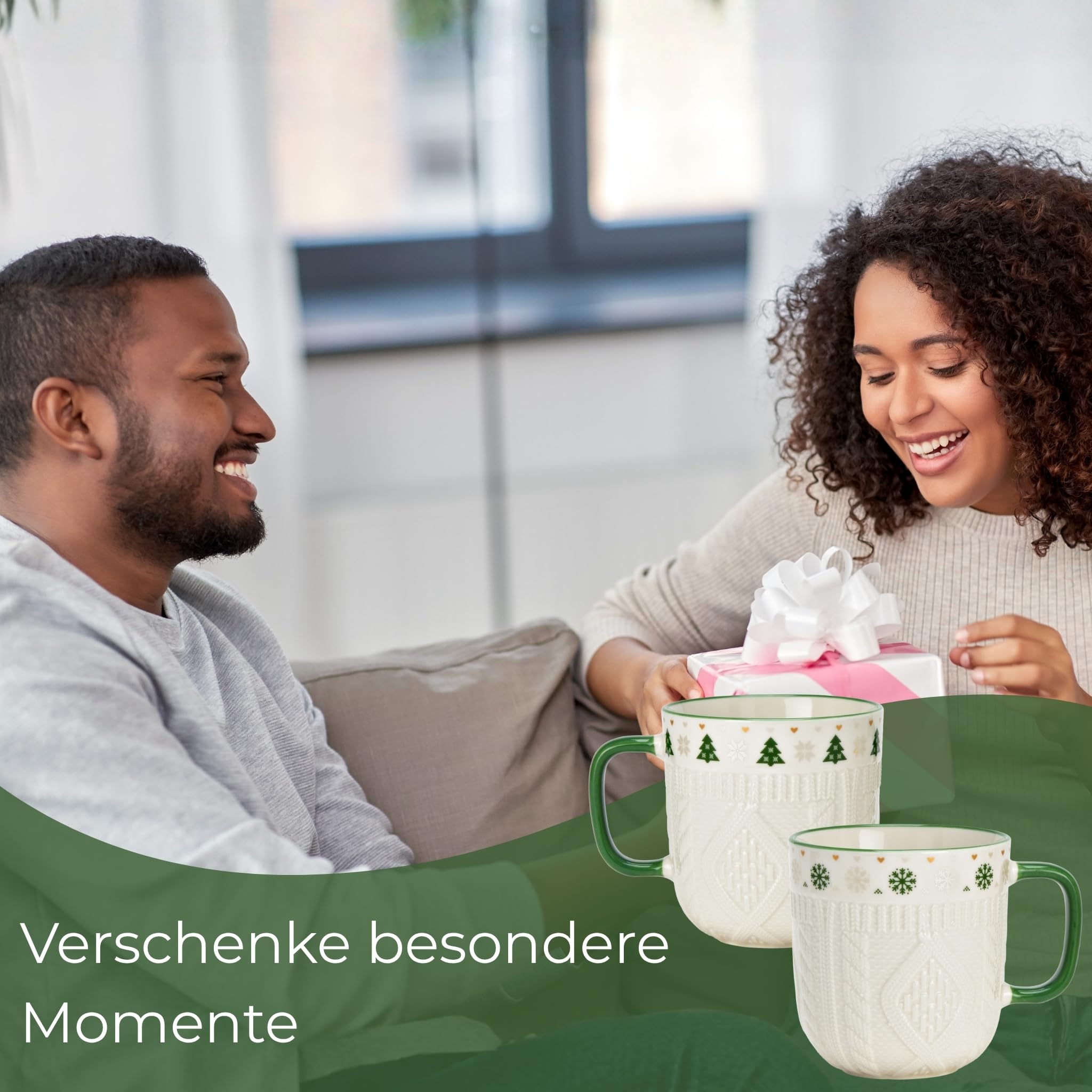 Kaffeetassen 36er Set weiß mit grünem Henkel - Weihnachts-Tassen mit Strickmuster Porzellan 345 ml