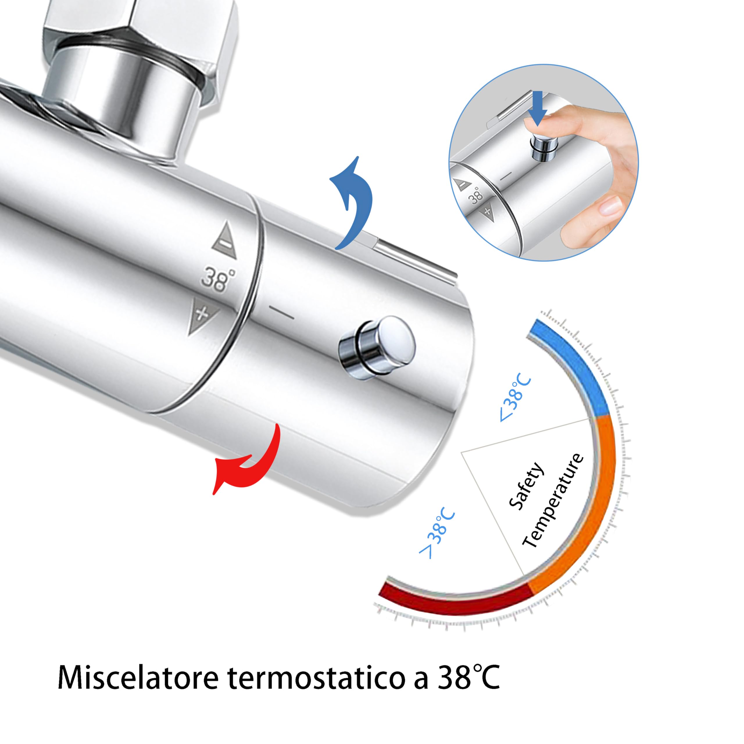 OCEAN ITALY Colonna Doccia Termostatico Set Soffione Rotondo Acciaio INOX Asta Saliscendi Regolabile