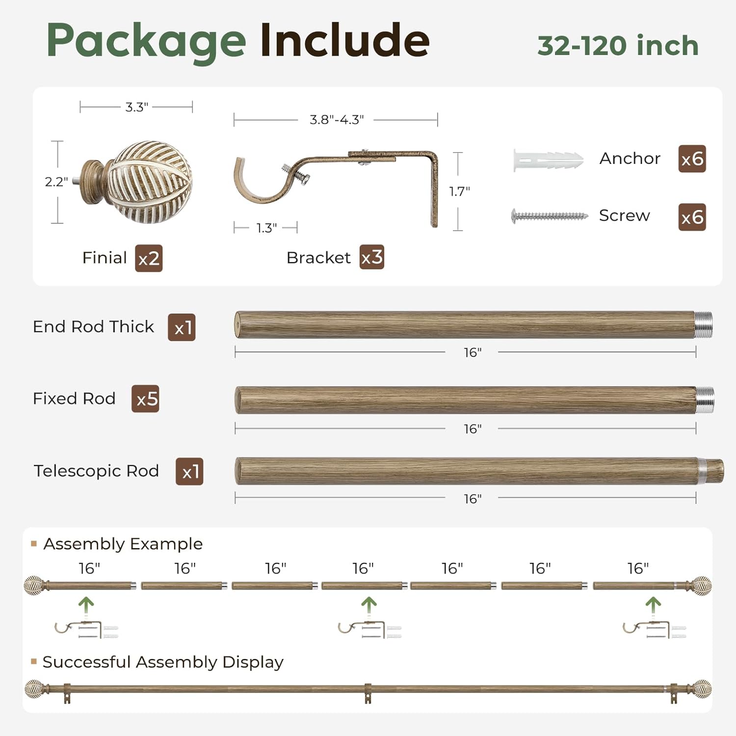 Wood Curtain Rods for Windows 66 to 120, 1 Inch Heavy Duty Drapery Rods with Imitation Wood Grain Leaf Pattern Finials, Indoor/Outdoor Modern Curtain Pole, 32"-120", Weathered