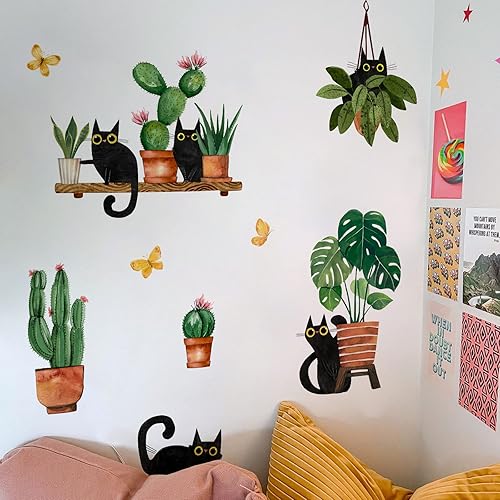 Miniatura 6 de Yovkky Calcomanías de pared de plantas en maceta de gatos negros, caricaturas, gatito, bonsái, guardería, sala de juegos, decoración de cactus para