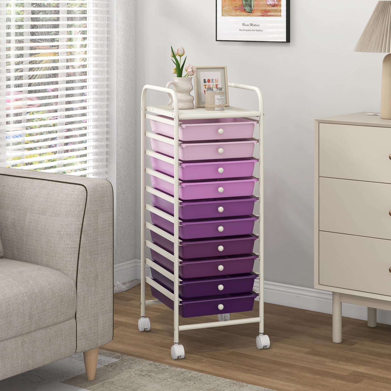 GIANTEX Chariot à roulettes avec 10 tiroirs empilables - Chariot de salle de bain avec roulettes verrouillables - Chariot de rangement - Chariot de rangement - Chariot de ménage - Structure en métal