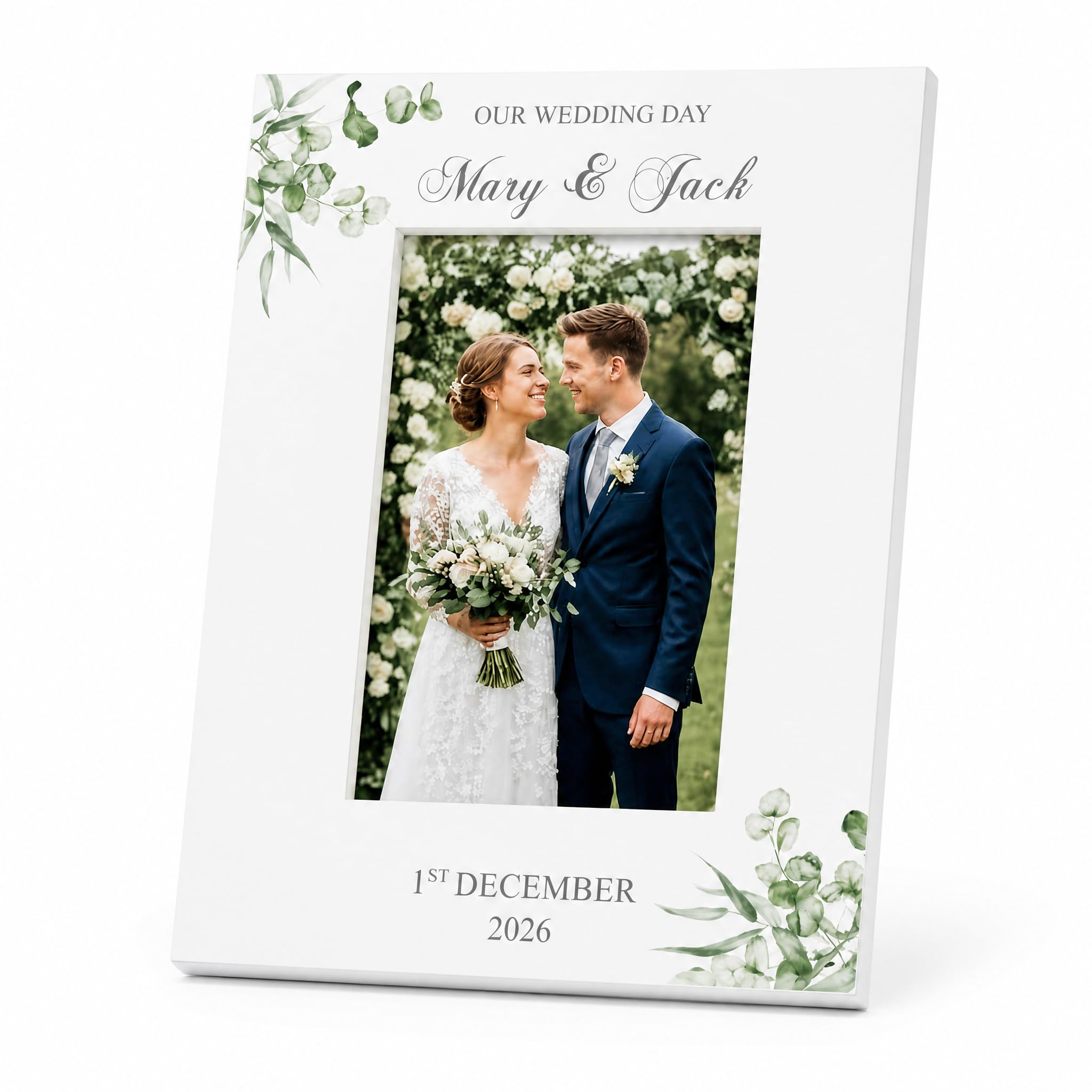 Personalised Wedding Day Photo Frame, White Finish, 6x4 Inch, Elegant Keepsake Gift with Custom Names and Date