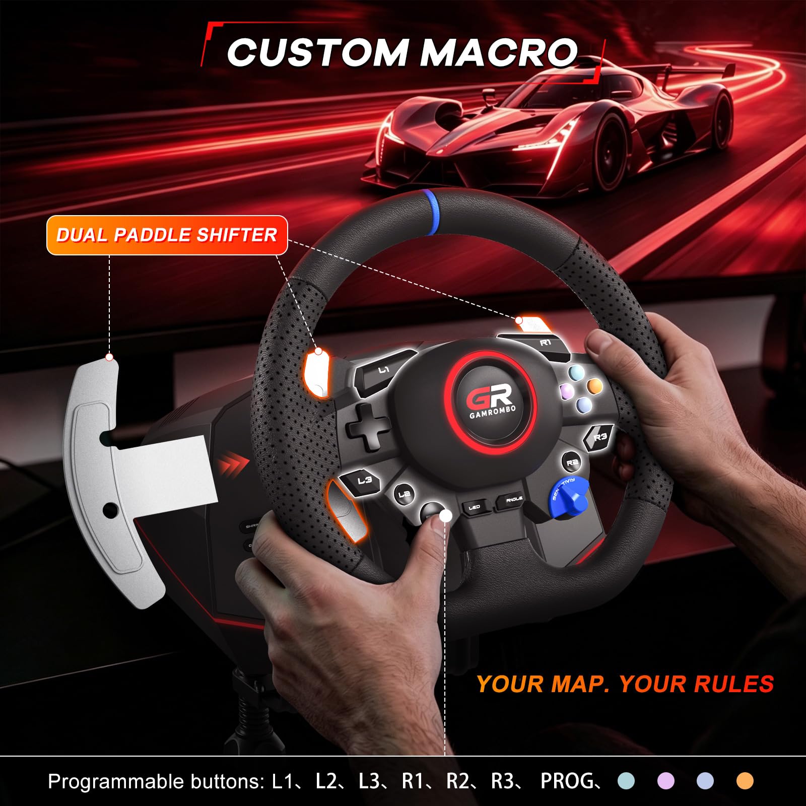 Gamrombo Set di ruote da corsa da 11 pollici per PS5/PS4/PC | con pelle cucita a mano, rotazione di 270°/900°, doppia vibrazione, RGB, Prog Remap, pedale e cambio