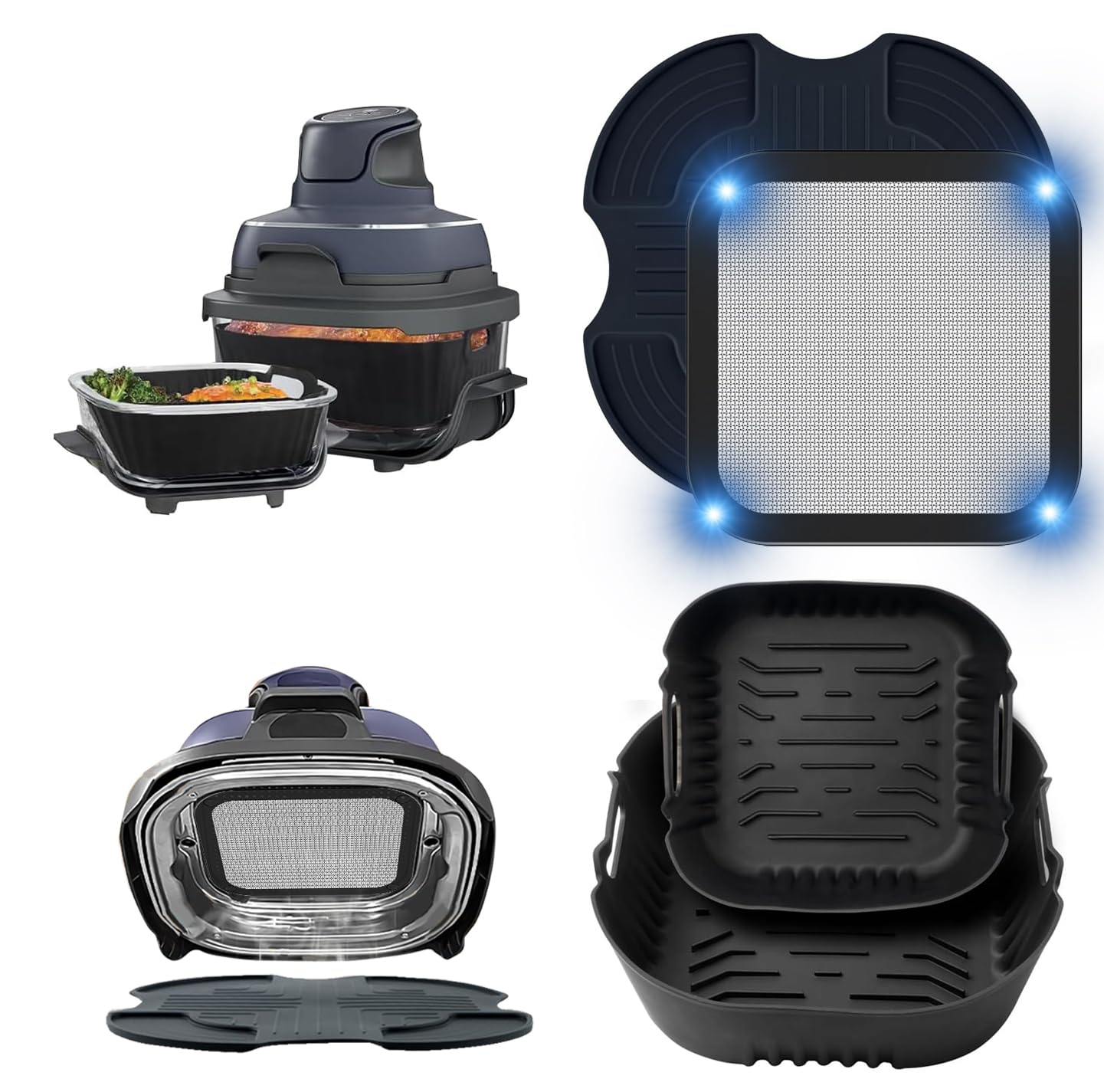 4 Stück Airfryer Zubehör für Ninja Crispi FN101EU, Airfryer Silikonform + Edelstahl Spritzschutz + Silikonmatten für Ninja Crispi Airfryer Zubehör, Wiederverwendba Airfryer Silikonform
