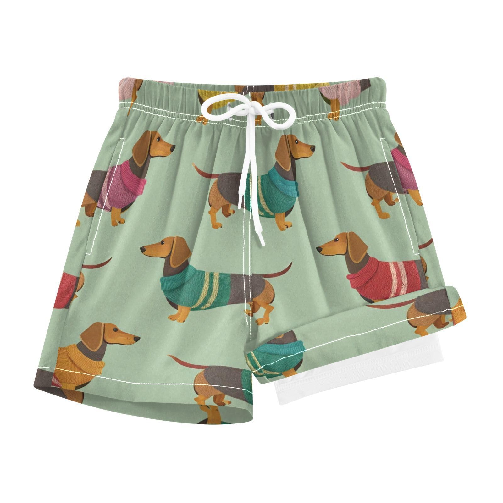 YANENDIE Boy Swim Trunks with Compression Liner Cute Dachshunds Boys Swim Shorts Quick Dry Beach Shorts