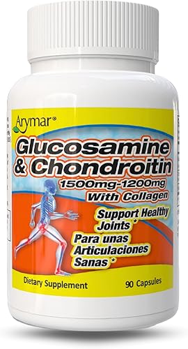 ARYMAR Glucosamina 1500 mg y condroitina 1200 mg con colágeno – Suplemento de salud articular – 90 cápsulas
